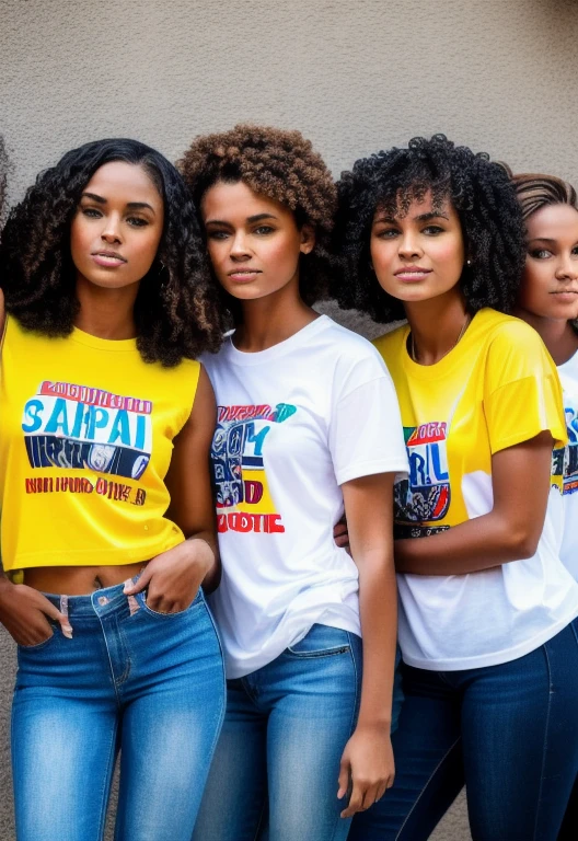 Camera Model: Sony A7III Shot Type: Close-Up Lens Type: Prime Lens (50mm) Description: A group of african american models stands at a street corner, each wearing a different printed t-shirt from the brand's collection. They exude confidence and attitude, leaning against the walls and chatting casually.