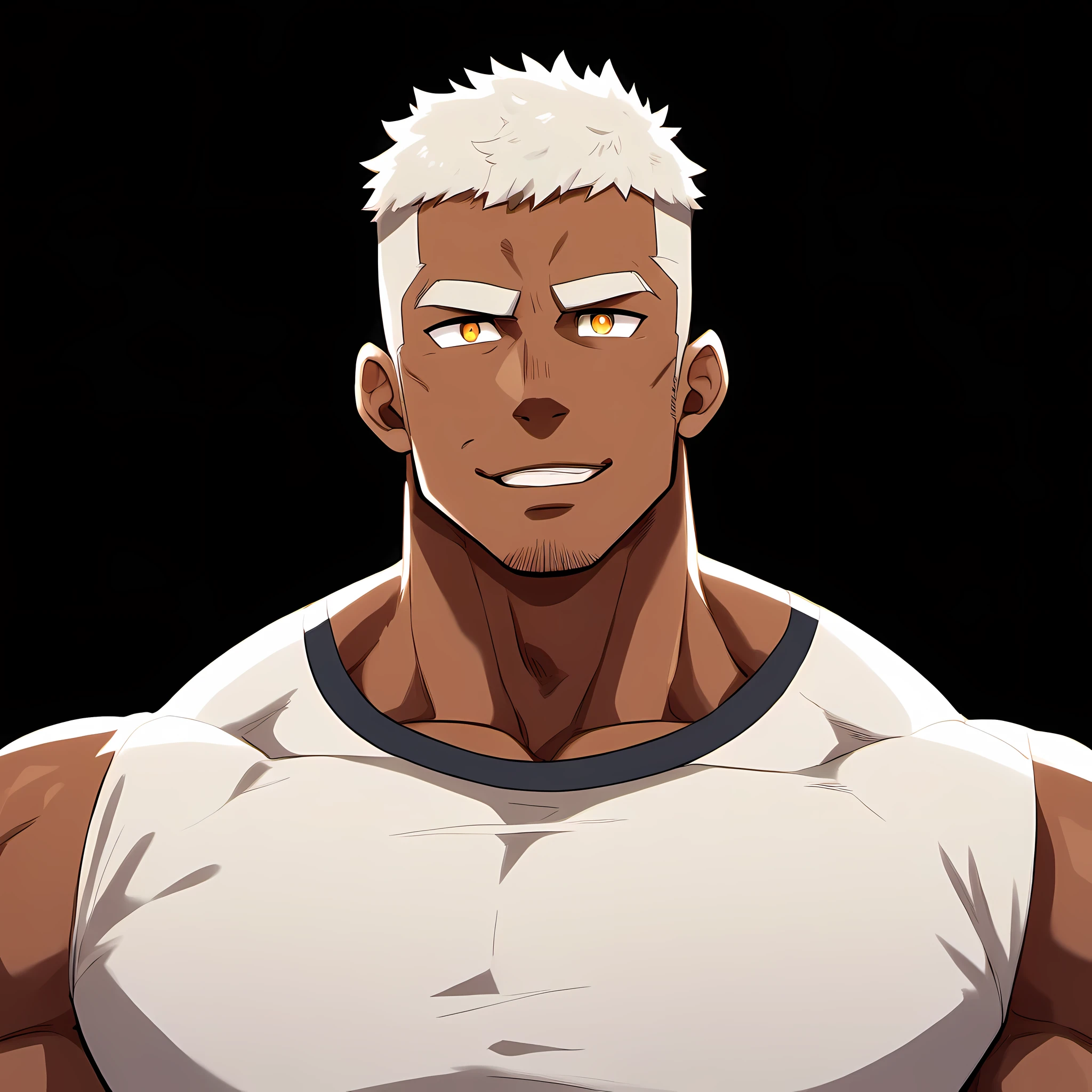 anime characters:Gyee, Fitness coach, Chocolate skin, 1 muscular tough guy, Manliness, male focus, Cream White Sleeveless Tight T-Shirt, Very tight, The pectoral muscles are oversized, Slightly transparent, muscular male, muscular, only, Upper body, alone, White short hair, Thick eyebrows, stubble, Yellow eyes, Black background, simple background, amazing quality, best aesthetics, Ridiculous, bright pupils, crew cut, parted lips, seductive smile, torogao, naughty face, drop shadow, best quality