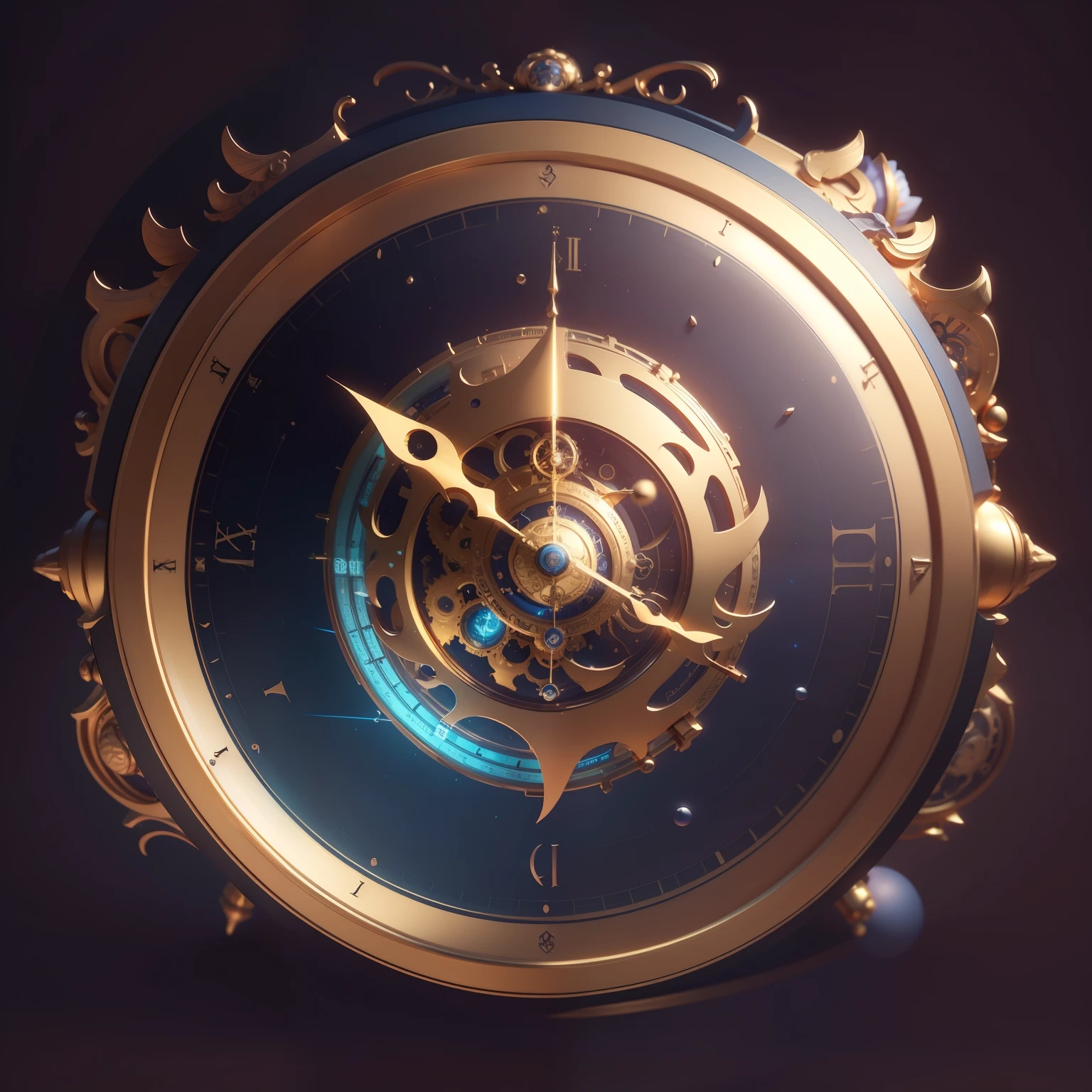 There is a gold frame、Blue dial clock, 机械clock, Render in key shot, inter dimensional clock, rendering art, Vivid steampunk concept, 3D rendering style, Art Nouveau Octane Rendering, clock, astral clock, Rendering in cinema4d, 4D cinema rendering, ball of time, Infinite Space Clock Background