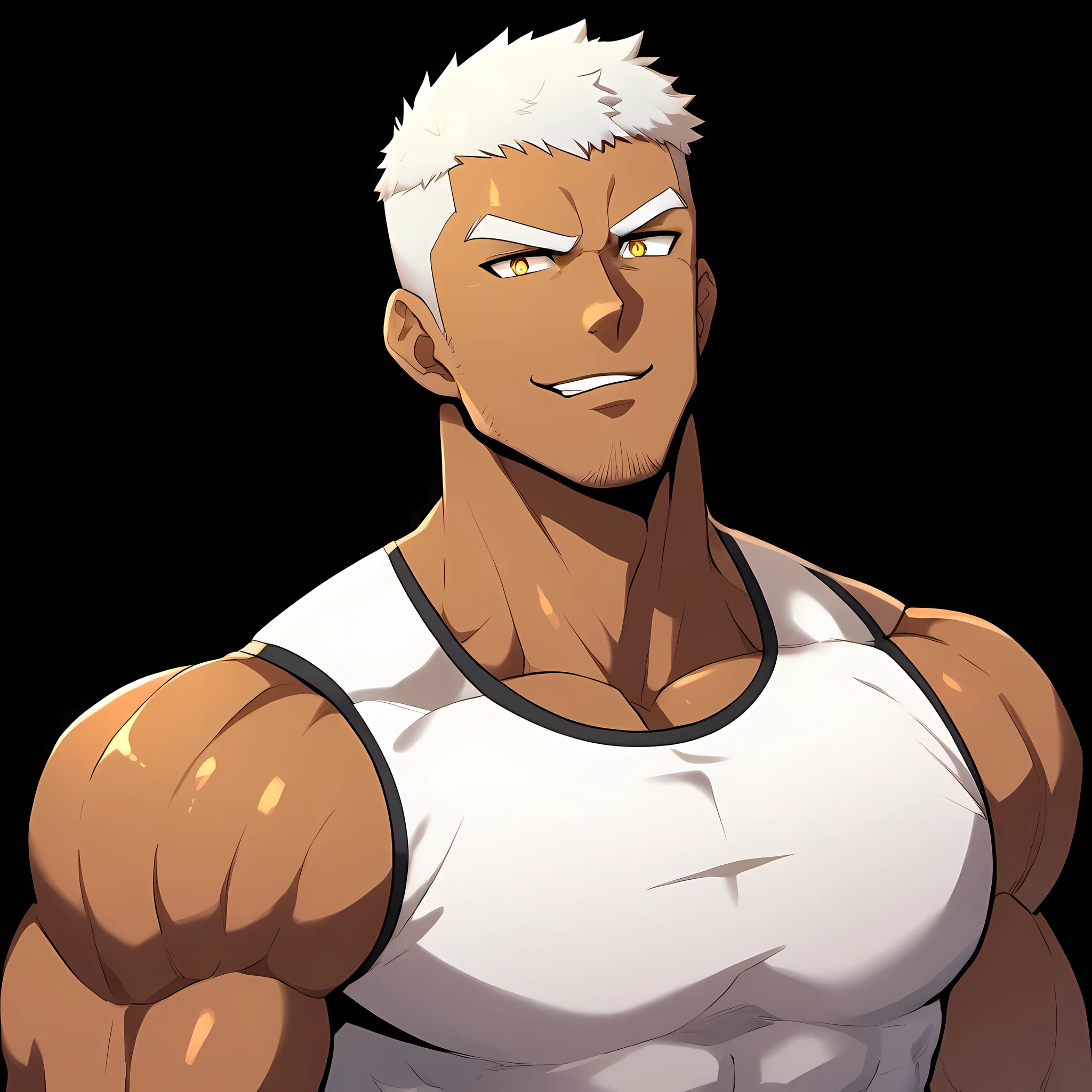 anime characters：Gyee, Fitness coach, Chocolate skin, 1 muscular tough guy, Manliness, male focus, Cream White Sleeveless Tight T-Shirt, Very tight, The pectoral muscles are oversized, Slightly transparent, muscular male, muscular, only, Upper body, alone, White short hair, Thick eyebrows, stubble, Yellow eyes, Black background, simple background, amazing quality, best aesthetics, Ridiculous, bright pupils, crew cut, parted lips, seductive smile, torogao, naughty face, drop shadow, best quality