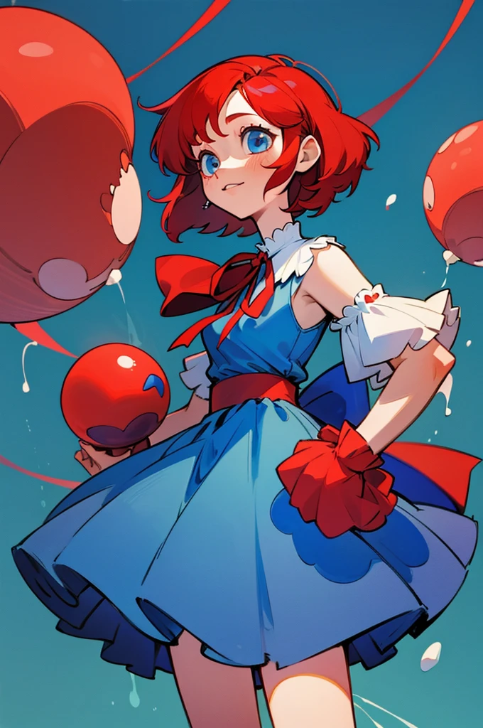 kpop girl , short red hair with one big blue ribbon, kind, happy, with red hair and a ribbon, cute blue ragdoll dress, cute red courtain background