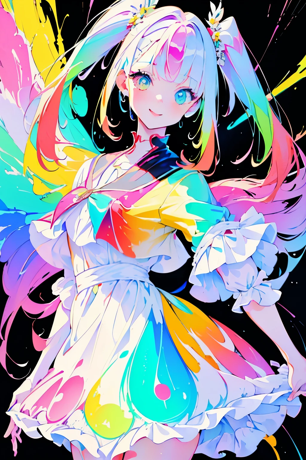 One girl, Young girl, bangs, Twin tails, Side Tail, (Heterochromia), wearing a white dress, smile, ((Detailed aspect)), ((close)), colorful background, (colorful), (Many colors),Rainbow-colored,Right hand piece,Wink