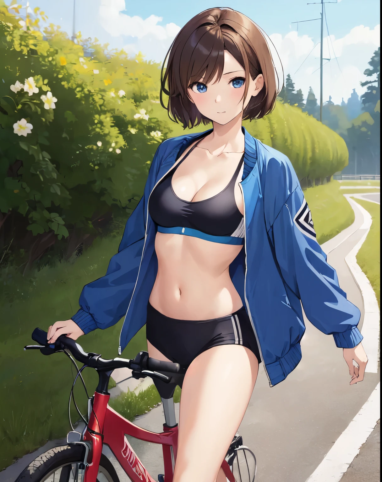 (((masterpiece))), ShizukaMikazuki, 1girl, solo, looking at viewer, short hair, brown hair, long sleeves, cleavage, medium breasts, closed mouth, collarbone, jacket, open clothes, open jacket, blue jacket, ground vehicle, sports bra, bicycle,