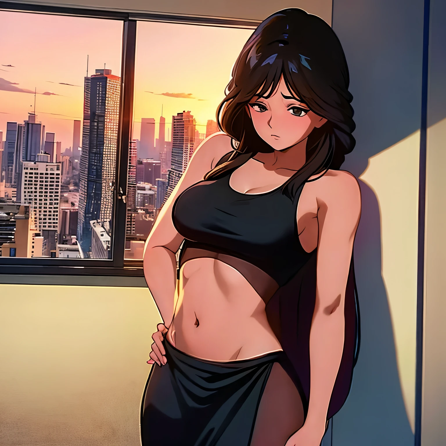 The cover image depicts Bharat (in Ritu's body) standing in front of the window of their small room, her back facing the security guard. She wears a black sleeveless saree, her bra and panty exposing her erect nipples, and one of her breasts is partly visible outside the pallu. The security guard, rubbing his eyes, is transfixed by her stunning form. The background shows the building where they live, and the city skyline of Bangalore beyond.