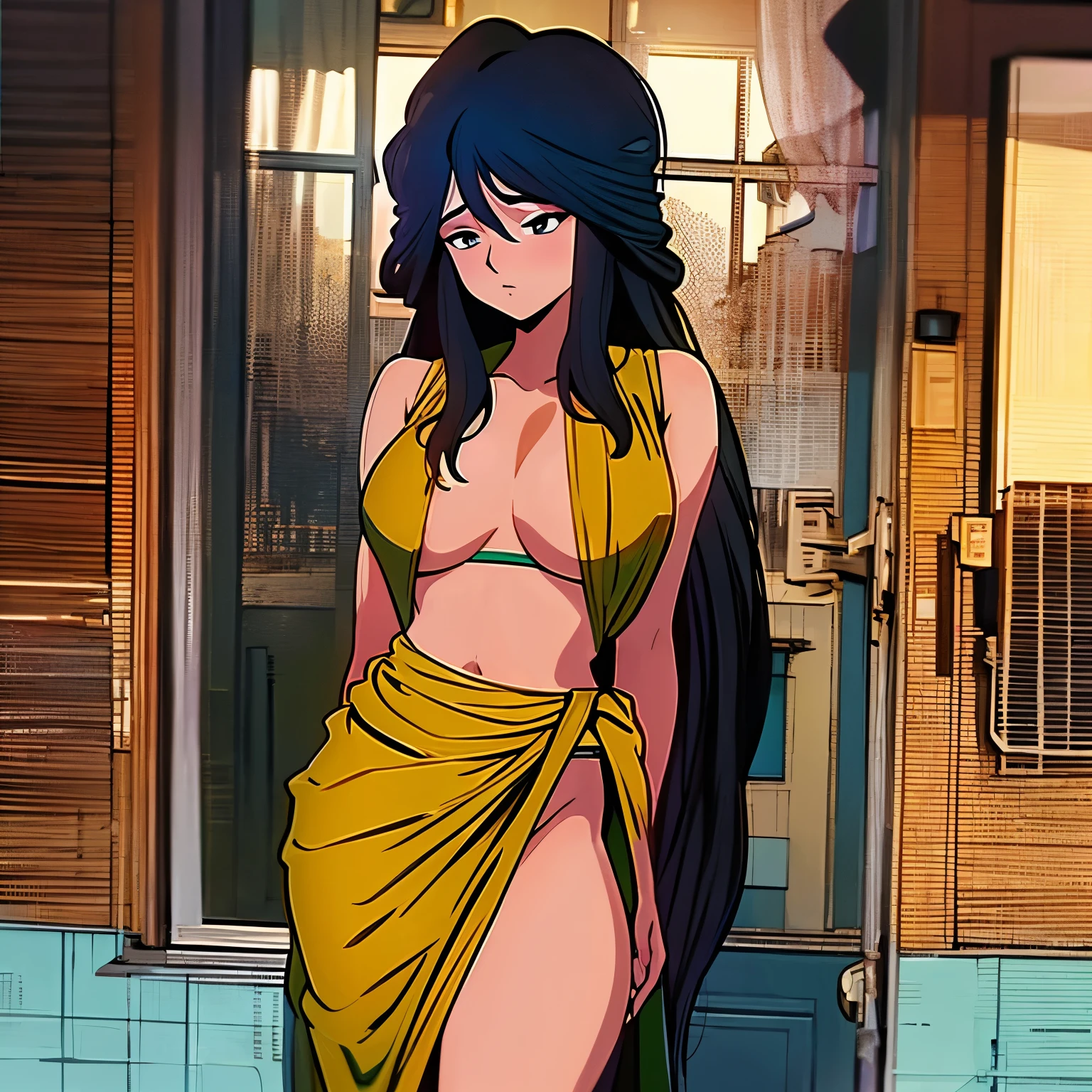 The cover image depicts Bharat (in Ritu's body) standing in front of the window of their small room, her back facing the security guard. She wears a black sleeveless saree, her bra and panty exposing her erect nipples, and one of her breasts is partly visible outside the pallu. The security guard, rubbing his eyes, is transfixed by her stunning form. The background shows the building where they live, and the city skyline of Bangalore beyond.