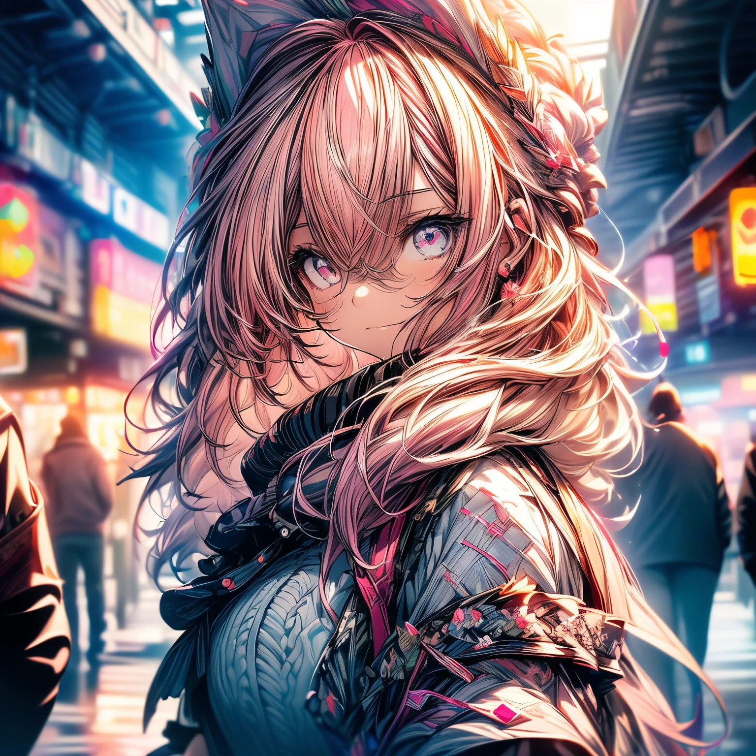 ((((masterpiece, best quality, ultra detail, very_high_resolution, large_filesize, full color)))), 1 girl, Kemo ears, Bokeh, off shoulder, oversized sweater, pink hair, pink eyes,