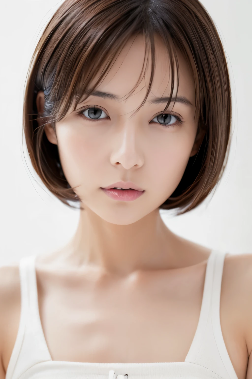 Japanese, short stature woman,  physique, short arm, long slit eyes, fleeting atmosphere, 30 year old, brown bob hair, ((thin lips)), white top and bottom underwear, musterpiece, best quality, detailed skin, detailed face, detailed eyes, 8K, good anatomy, upper body portrait