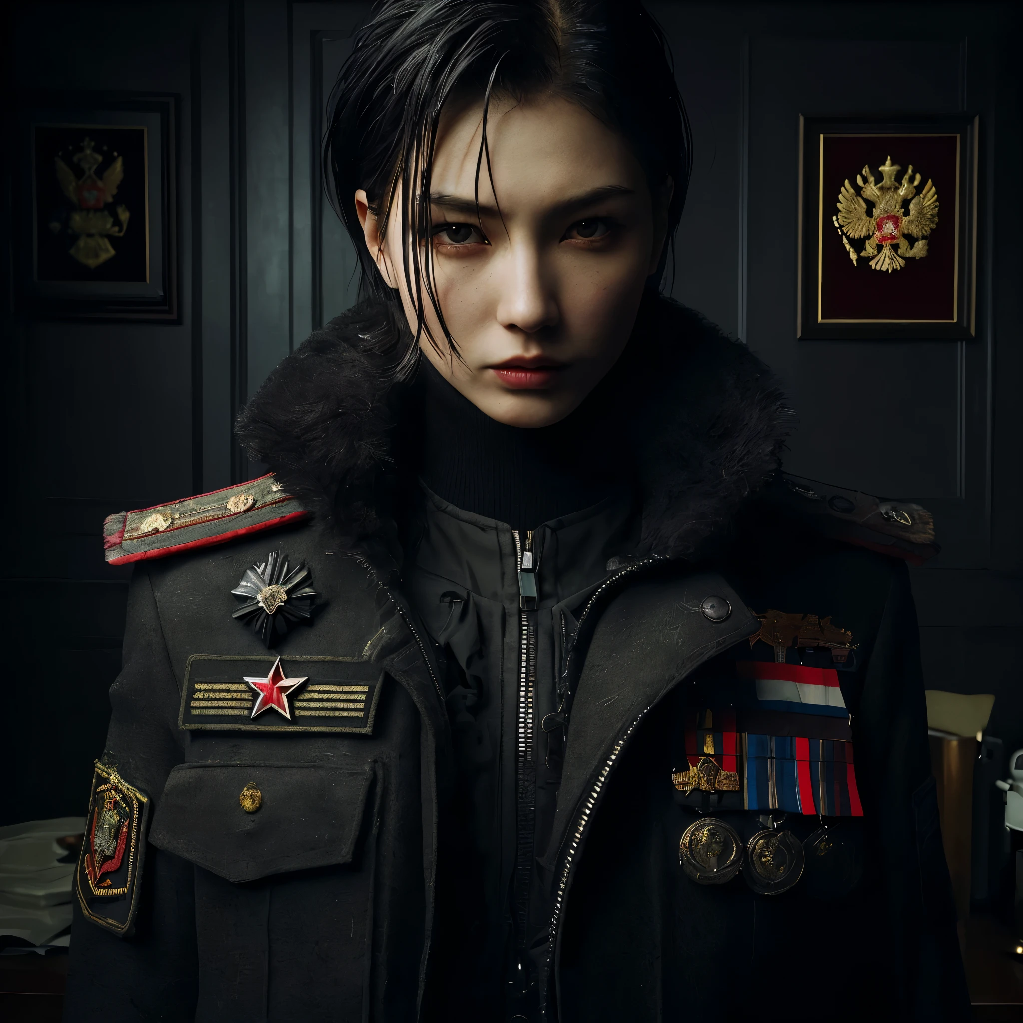 ((very sharp photo result & detailed face)) (((textile shading))), (((Best Quality))), (((masterpiece))), (((hyper realistic photo))) dark backlight shade full body shoot a tall tough cold japanese girl with short red slick back wet look hair wearing russian winter military kamerad top general coat & suit full badge with winter hat, posing on KGB bureau with russian military ornament at wall background, gritty atmosphere,4K, perfect