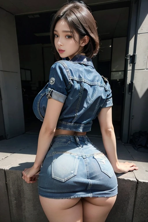 8 thousand, masterpiece, RAW photos, best quality, realistic, Extremely detailed CG unifies 8 thousand, 8 thousand, Diamond, and wallpaper, depth of field, cinematic light, lens flare, ray tracing, (an exceptionally beautiful face, beautiful lips, beautiful eyes), Face with intricate details, ((very detailed 피부)) 1 girl, pretty korean girl, kpop idol,1 girl, very detailed, surrealism, very detailed CG 일러스트레이션, official art, movie light, realistic, Young and beautiful girl, perfect body매, perfect body매, perfect selfie, perfect body, (Get started below:1.3), 음란한 pose,(huge breasts:1.0), long sexy legs, (thigh gap:1.5),wide hips,confidence, Beautiful sexy, ((white shirt)), abdominal opening, Large size, ((micro denim skirt:1.4)), S-shaped body, flipped ass,pose를 취하는,pose,different perspectives,looking at viewer, (pale skin), (big eyes),(laugh:0.8),turn back, back shot, (Bent:1.4), (bent over) spread legs