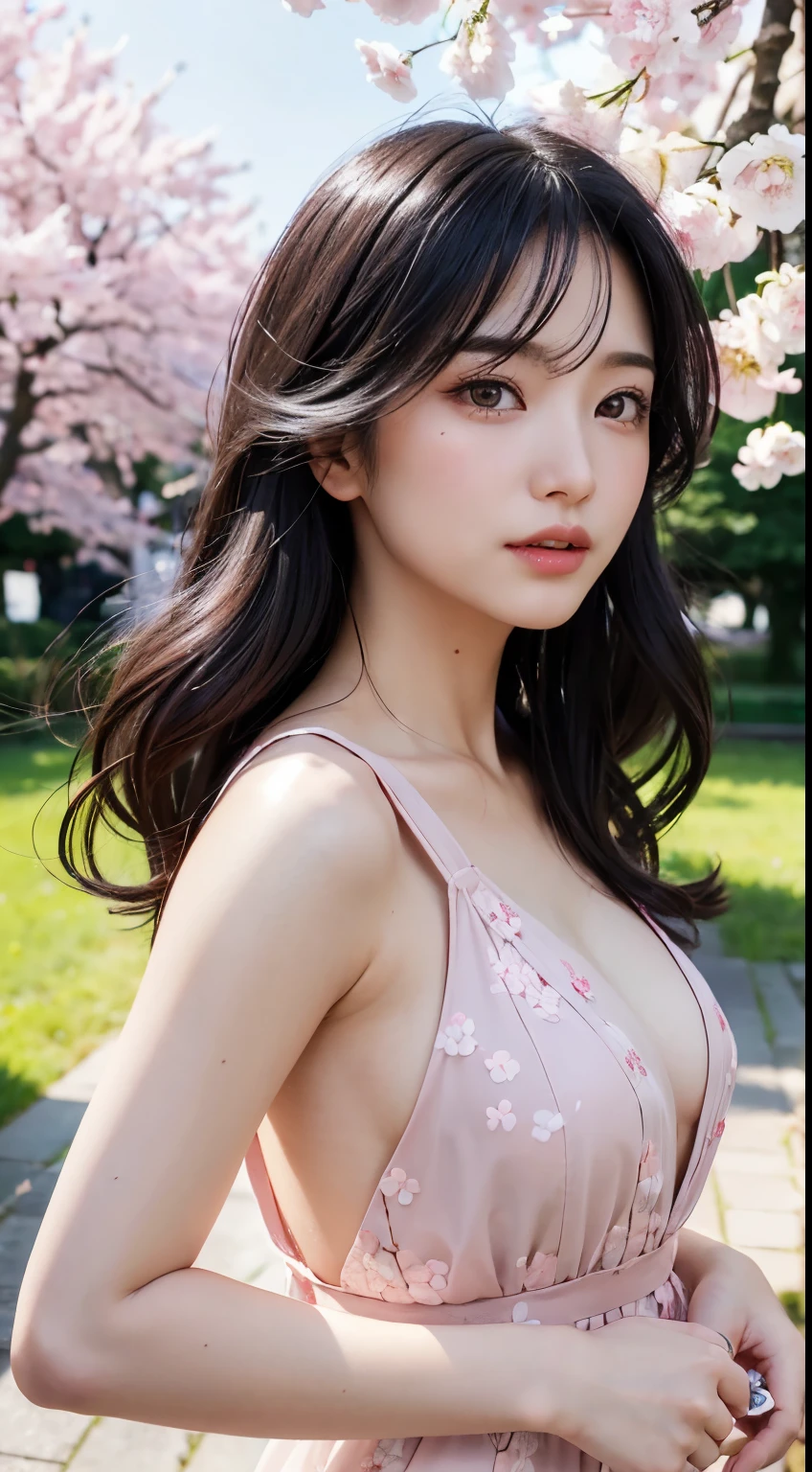 (logo、masterpiece、8K、table top、RAW photo、wonderful、最high quality、Photorealistic and very detailed CG integrated 8k wallpaper、high quality、very detailed、narrative poem、particle effects、dynamic effects、Depth of the bounds written、cinematic light、Lens flare、ray tracing)、fantasy、 (1 beautiful woman、dress、dress、cherry blossom pattern、black haired、beautiful face、real face、beautiful details eyes beautiful skin)、My hair dances in the wind、Hair flutters in Wind、hair jump、pink cherry tree、petals dance、SakuraFubuki、wonderful scenery、sunrise、sun on background、Wind、