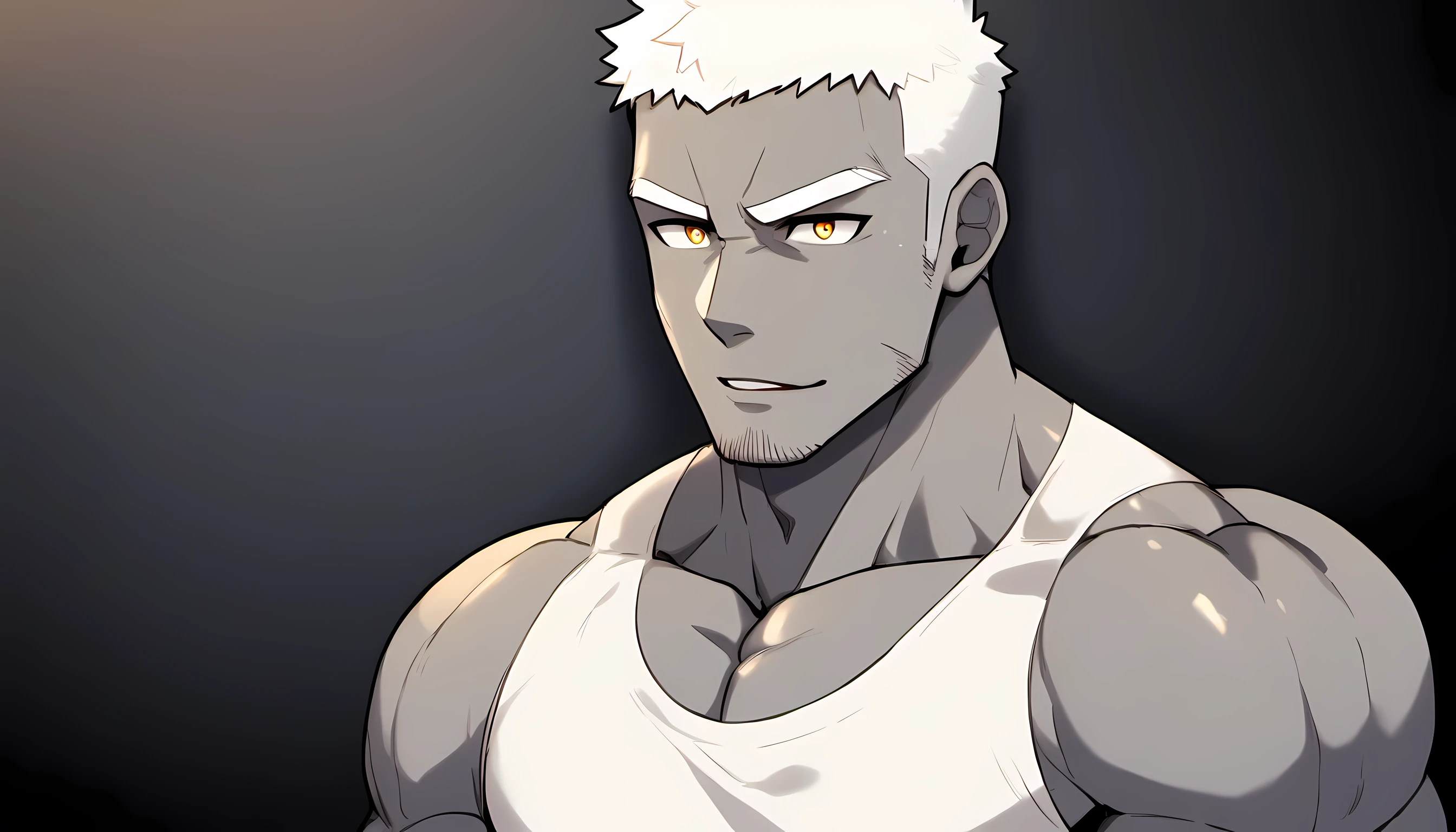 anime characters：Gyee, Fitness coach, Gray skin, 1 muscular tough guy, Manliness, male focus, Cream White Sleeveless Tight T-Shirt, Very tight, The pectoral muscles are oversized, Slightly transparent, muscular male, muscular, only, Upper body, alone, White short hair, Thick eyebrows, stubble, Yellow eyes, Black background, simple background, amazing quality, best aesthetics, Ridiculous, bright pupils, crew cut, parted lips, seductive smile, torogao, naughty face, drop shadow, best quality