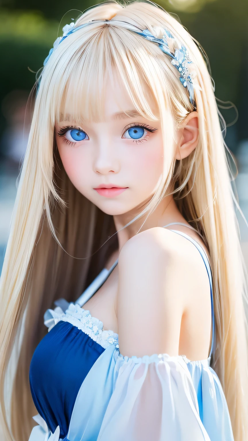 One girl、Portrait、、blue sky、bright and beautiful face、young, Very white shiny skin、The best beauty、Super long blonde hair with dazzling light reflections、Beautiful natural platinum blonde super long silky straight hair、long bangs between the eyes,、Extraordinarily beautiful 15-year-old、Large, shining, clear, light blue eyes、Very big eyes、Small Face Girl、round face、