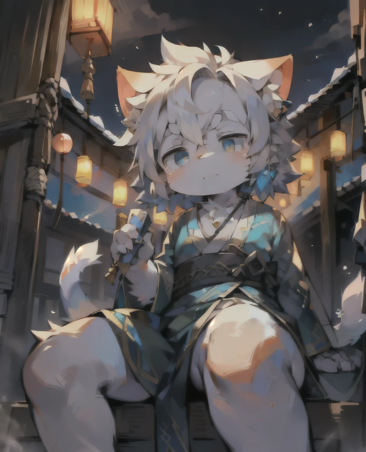 strong light and shadow, 8k, Depth of Field, illusory, japanese architecture, perfect composition, Wearing a Japanese kimono、White-haired anime boy wearing a necklace, hairy, Blue ear, , Lovely, Shota, Ifu