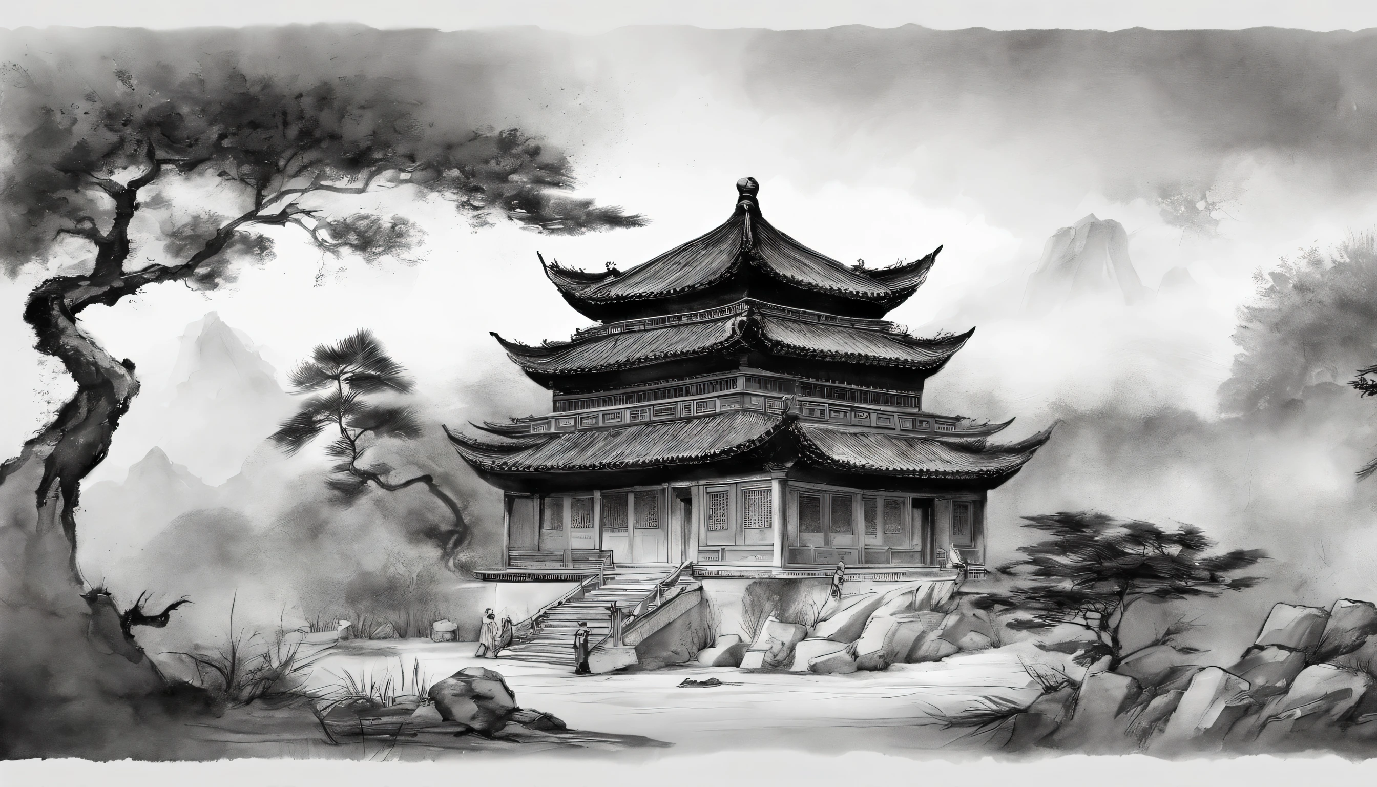 Quaint Han Dynasty style temple，Monks meditate in front of the temple（closeup cleavage），Meditate，zazen，A meditative（Chinese landscape painting），（ink and watercolor painting），（8k wallpaper），（light and shadow effect），rendering by octane，White balance design，Extremely detailed picture depiction，wide angles，depth of fields，tmasterpiece，realisticlying，Beautifully depicted，A detailed，acurate，Works of masters，tmasterpiece