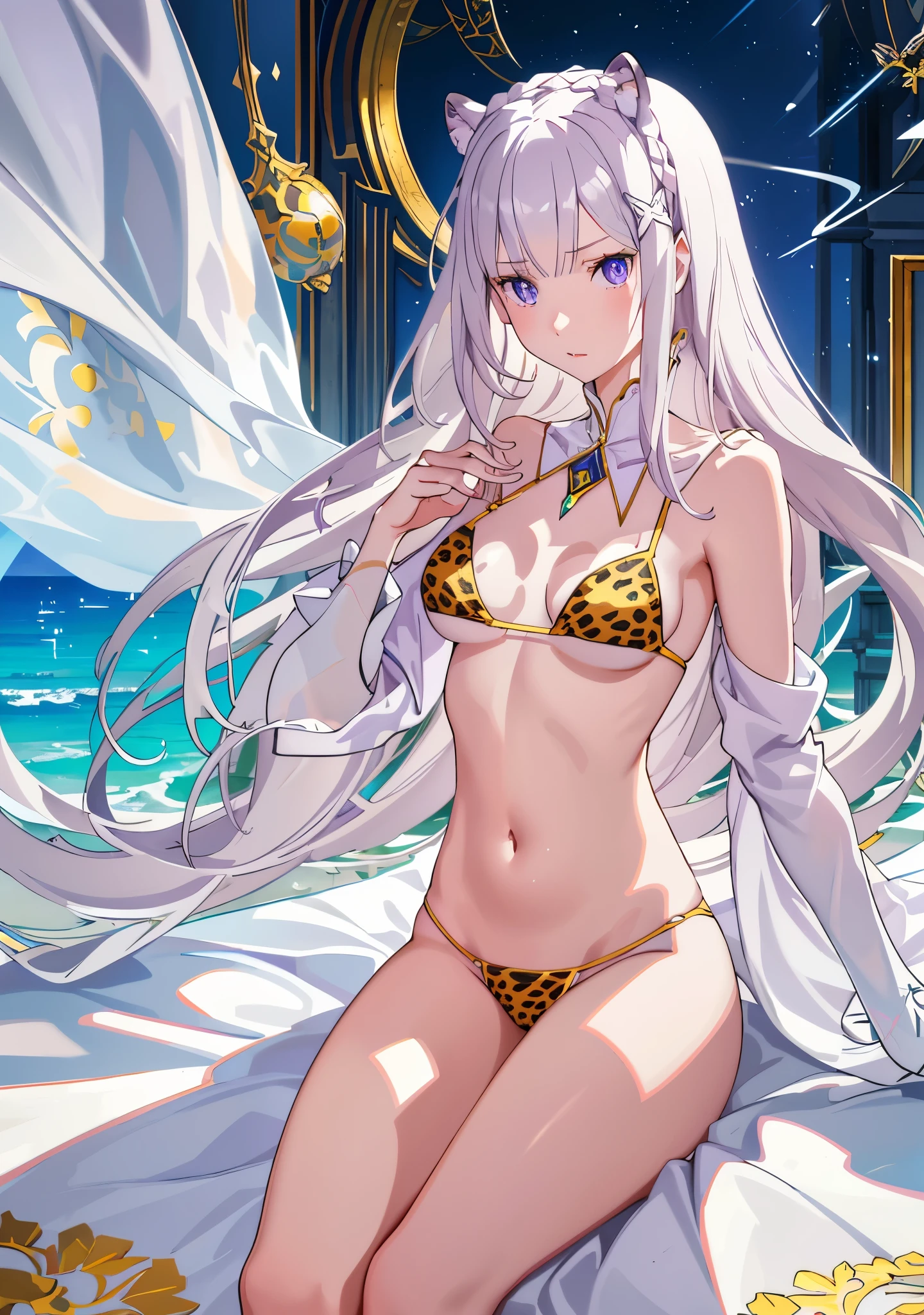 (16k, RAW photos, highest quality, high resolution, absurdity), Emilia re:zero, purple eyes, Emilia, crown braid, x hair ornament, flower hair ornament, white hair, long hair, medium breasts, high-definition RAW color photos, professional photos, paper-cut art, (layered silhouette: 1.2), intricate patterns, delicate craftsmanship, shadow play, depth and three-dimensionality, creative expression, dynamic angles, high contrast, sitting, (1 girl, solo), leopard ears, (beautiful detailed face, beautiful detailed eyes), slender, mid-breasted, long hair, noble, bikini armor, jewelry, crystal, pale red lips,full color,(depth of field),(navel one)