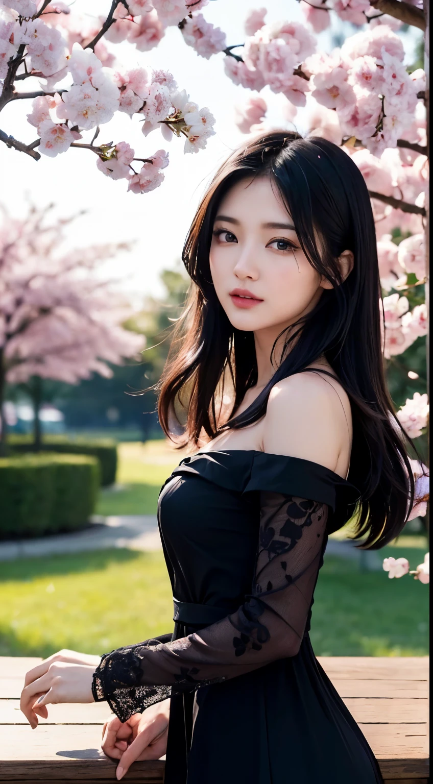 (logo、masterpiece、8K、table top、RAW photo、wonderful、最high quality、Photorealistic and very detailed CG integrated 8k wallpaper、high quality、very detailed、narrative poem、particle effects、dynamic effects、Depth of the bounds written、cinematic light、Lens flare、ray tracing)、fantasy、 (1 beautiful woman、dress、dress、cherry blossom pattern、black haired、beautiful face、real face、beautiful details eyes beautiful skin)、My hair dances in the wind、Hair flutters in Wind、hair jump、pink cherry tree、petals dance、SakuraFubuki、wonderful scenery、sunrise、sun on background、Wind、