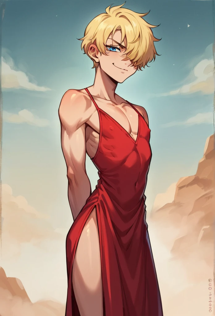 score_9, score_8_up, score_7_up, source_anime, solo, berserk,  farnese, smug sinister expression, 
Sinister, evil, looking at viewer, arms behind back, blonde hair, hair over one eye, blue eyes, Chines edress,  red gown,, sexy, flat chest, femboy, male, 1boy, genderbend