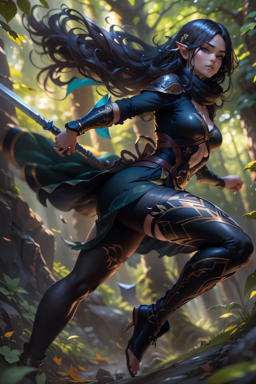 (best quality,ultra-detailed,realistic),elf ninja girl,garden setting,detailed eyes and face,flowing hair,athletic physique,dressed in sleek black ninja outfit,striking poses,leaping with grace,background with tall ancient trees,mystical atmosphere,soft sunlight filtering through leaves,vibrant colors,dynamic lighting,blurred foreground elements,creating depth and motion,emphasizing the agility and stealthiness of the elf ninja,creating a sense of mystery and adventure.