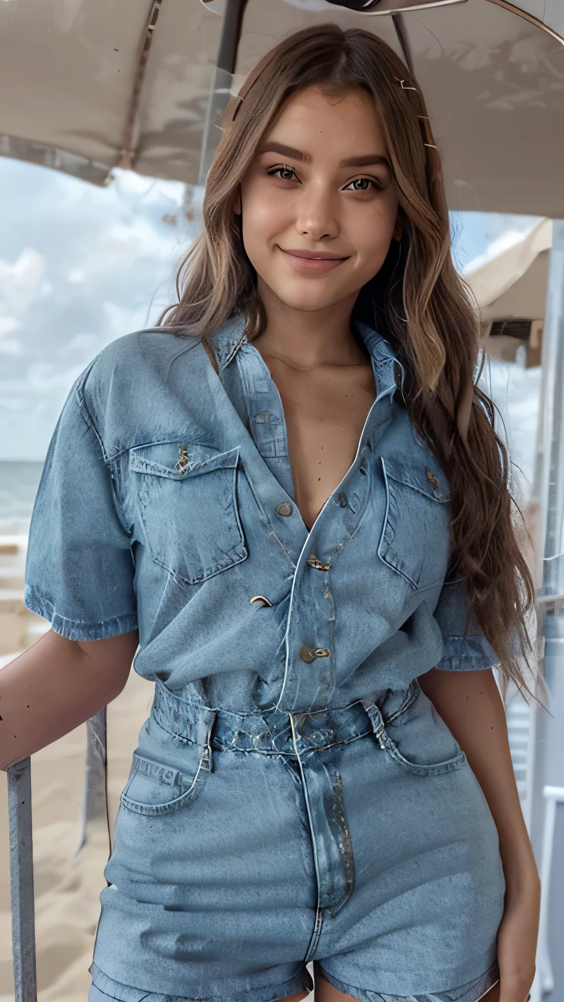 one woman, height 1,69m, waist 93 cm, hips 118 cm, breasts 115cm, at the beach, opened smile, perfect teeth, rear view, sexy denim blouse and shorts, hazel color hair, wavy long hair, blusa jeans decotada.