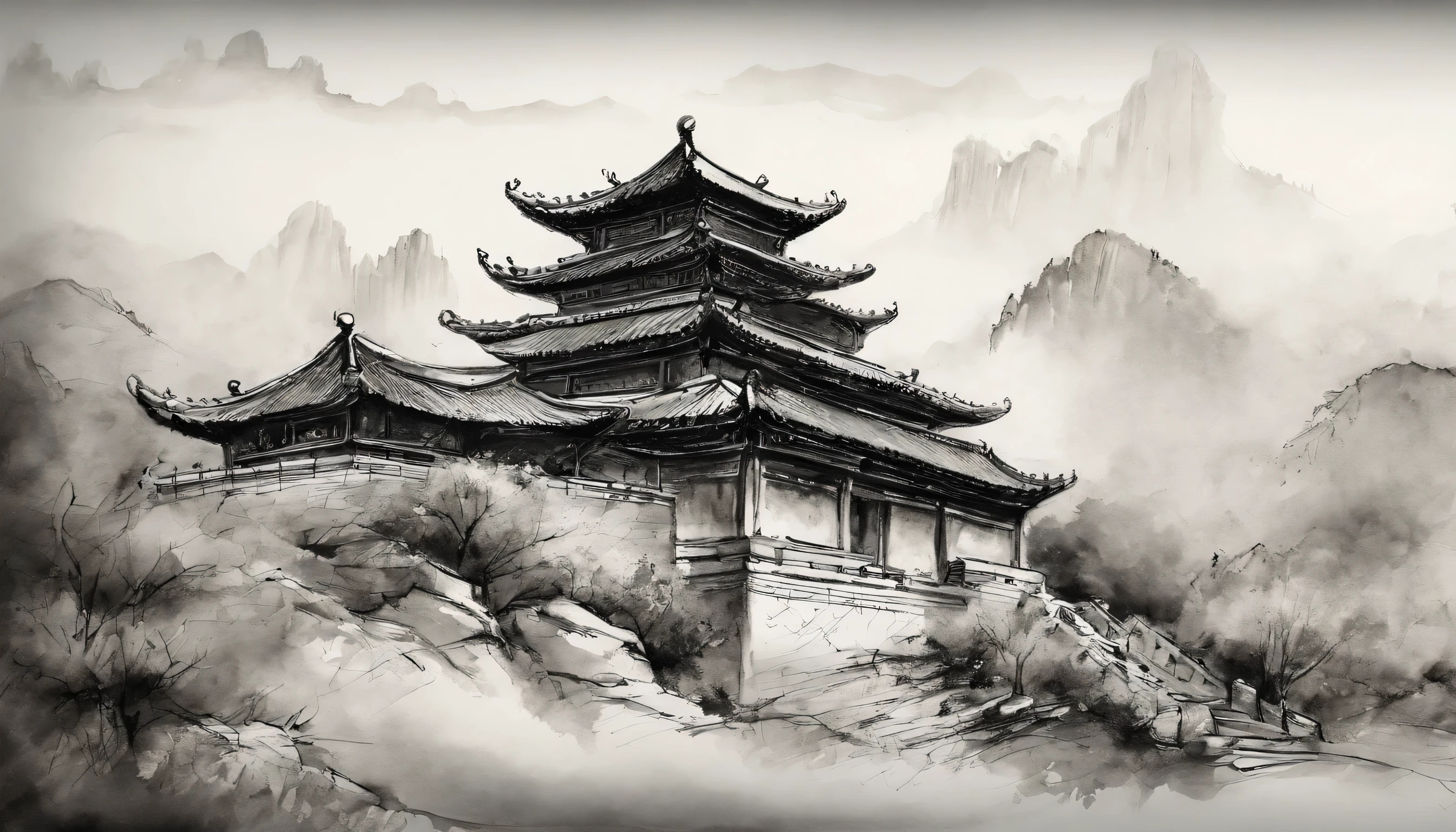 Shaolin Temple，monk，Deep black and white，Old Hall，culture，big sky，Chinese Academy，Old Hall，Tang Dynasty