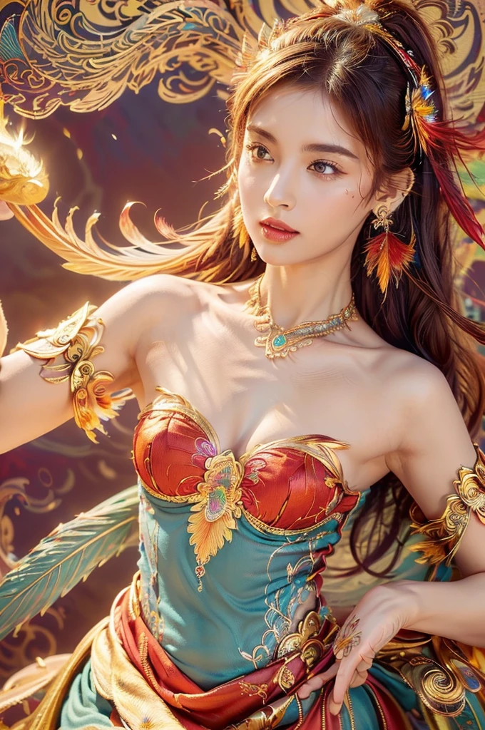 (masterpiece, top quality, best quality, official art, Beautiful and beautiful:1.2), (1 Girl:1.3), Extremely detailed,(Fractal Art:1.1),(rich and colorful:1.1)(Flowers:1.3),The most detailed,(Zentangle:1.2), (Dynamic poses), (abstract background:1.3), (Glowing skin), (Many colors:1.4), ,(earrings feather:1.5) , (flamethrower:1.3),Red background,:Phoenix dress,