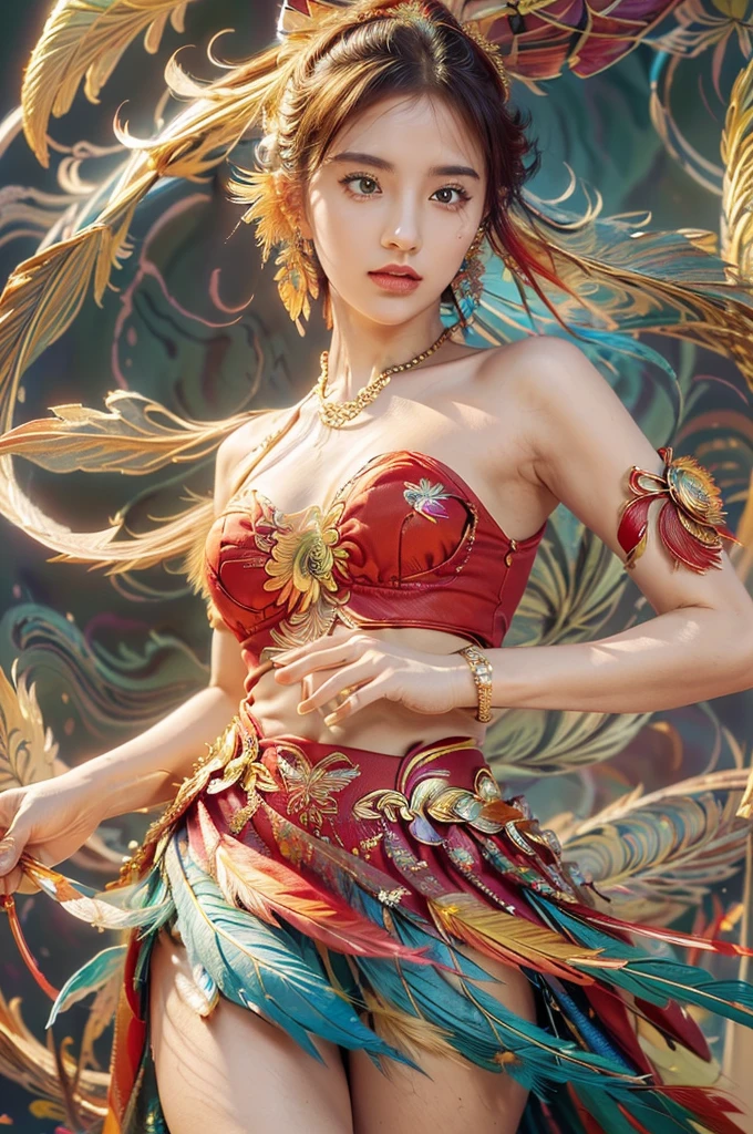 (masterpiece, top quality, best quality, official art, Beautiful and beautiful:1.2), (1 Girl:1.3), Extremely detailed,(Fractal Art:1.1),(rich and colorful:1.1)(Flowers:1.3),The most detailed,(Zentangle:1.2), (Dynamic poses), (abstract background:1.3), (Glowing skin), (Many colors:1.4), ,(earrings feather:1.5) , (flamethrower:1.3),Red background,:Phoenix dress,