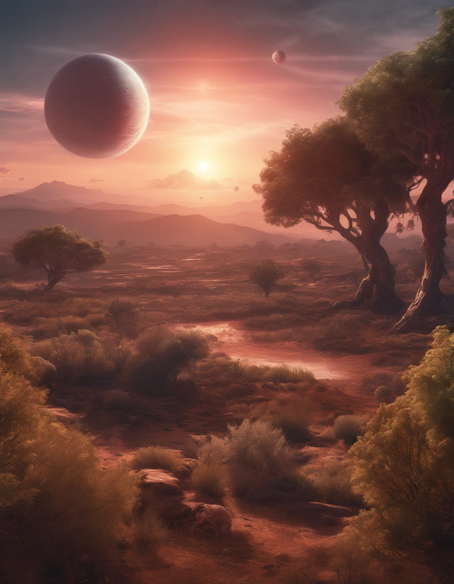 Strange alien landscape, Twin Suns, Atmospheric Color, fields, Background tree々, Dense foliage, animal, picturesque, photograph, synthwave