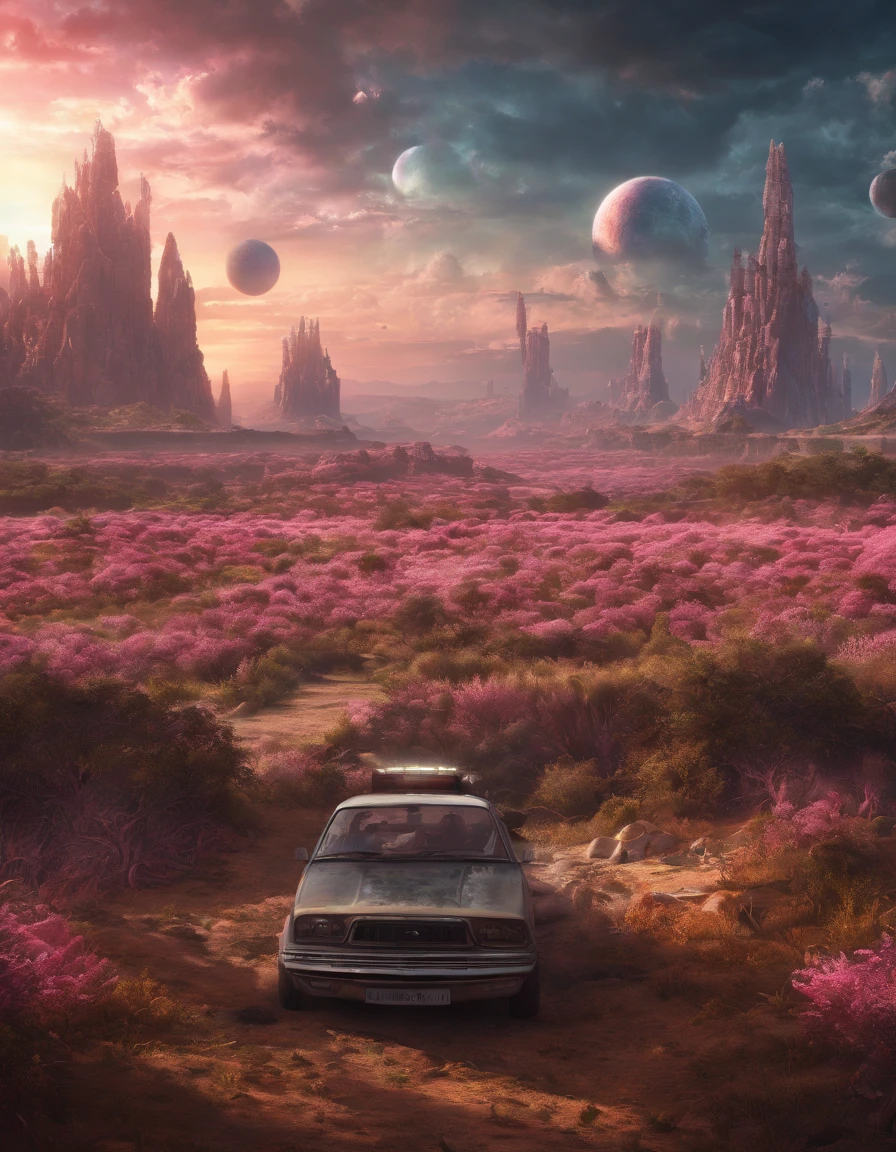Strange alien landscape, Twin Suns, Atmospheric Color, fields, Background tree々, Dense foliage, animal, picturesque, photograph, synthwave
