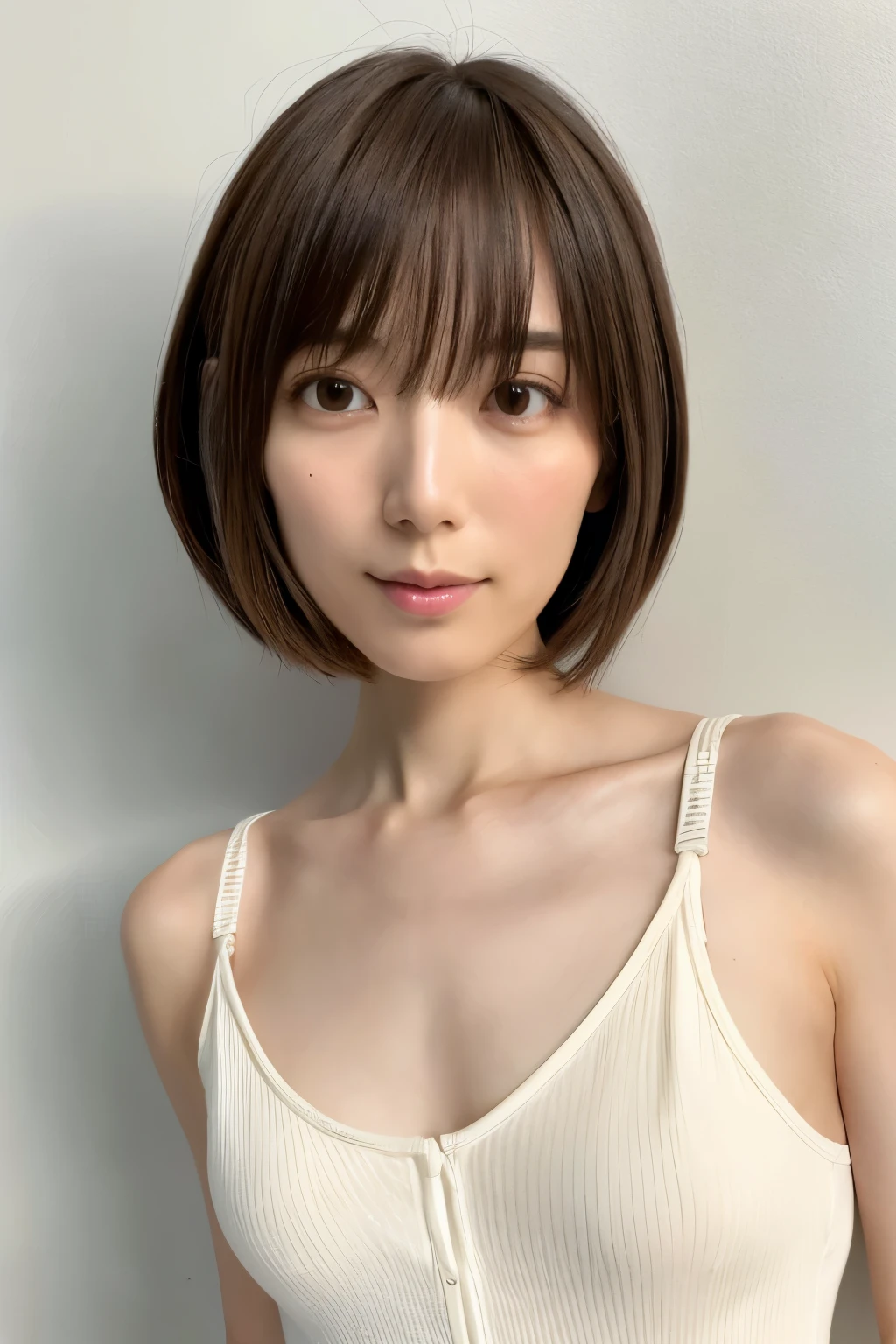 Japanese, short stature woman,  physique, short arm, long slit eyes, fleeting atmosphere, 30 year old, brown bob hair, ((thin lips)), white top and bottom underwear, musterpiece, best quality, detailed skin, detailed face, detailed eyes, 8K, good anatomy, upper body portrait