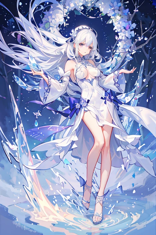 (heavenly paradise), White lighting,(Mastepiece), (Best Quality), (Cinematic), 8K, (Art Station),(長いWhite Hairとsilver eyesを持つ1人の女), (Beautiful delicate face)、[Frozen Tree々], [Landscape Crystal], [lighting], [Ethereal atmosphere:1.1], [fantasy, Short stories] ,[soft なlighting] 、(+Cinematic shot:1.2)、 [+Art Station] 、[+Glowing white background] 、 [Soft Glow] 、(Creative and dynamic angles:1.3), [+Crystal Toning] 、Mastepiece, Very detailed, Super detailed, Solo, (Light skin), silver eyes, White Hair, (Snow Background), (Snowflake Rose Flower:1.0), (shining crystal), (snow covered ground), (white eyelashes), Sexy Woman、Dreamy details, A glamorous setting, 妖しい雰囲気 Mastepiece, the most beautiful scene, majestic、(((Lots of white flowers)))、Quiet and peaceful atmosphere、attractive, All white tones,Inside the Crystal Library,Transparent flowers and falling snow，Many white roses are planted,(water flowing,waterfall,Water Bloom),The decoration is also carefully done.,dream（Very detailedです，creative design，Crisp and precise lines，K HD，Best Quality，Masterpiece，超High resolution，4K）、Various poses、((Beautiful white flower hair ornament))、Beautiful hairstyle、(Best Quality, 4K, 8K, High resolution, Mastepiece:1.2), Super detailed, detailed expression, graceful posture, Expressiveなブラシストローク, Mysterious atmosphere, Artistic interpretation,Delicate Floral Jewelry， (((Precise design、A beautiful, thin, transparent dress、A sheer mini dress that lets your skin show)))、(SFW:1.5), (oversized breasts, Best body proportions, big breast proportions:1.5)、Expressive