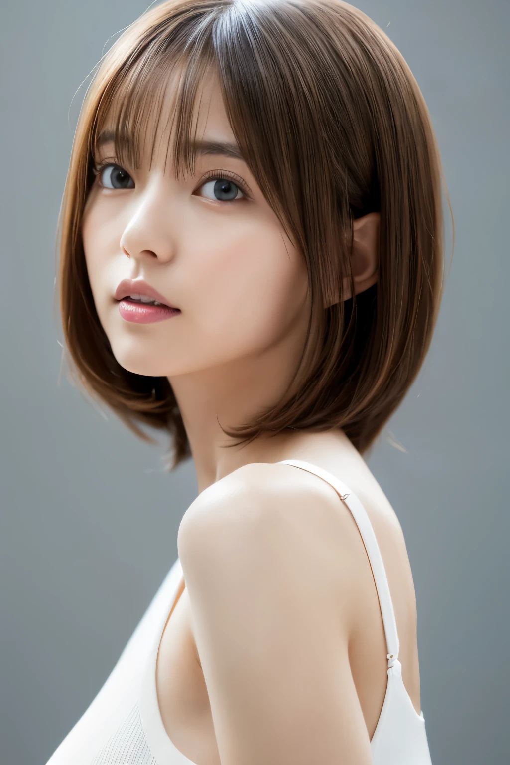 Japanese, short stature woman,  physique, short arm, long slit eyes, fleeting atmosphere, 30 year old, brown bob hair, ((thin lips)), white top and bottom underwear, musterpiece, best quality, detailed skin, detailed face, detailed eyes, 8K, good anatomy, upper body portrait