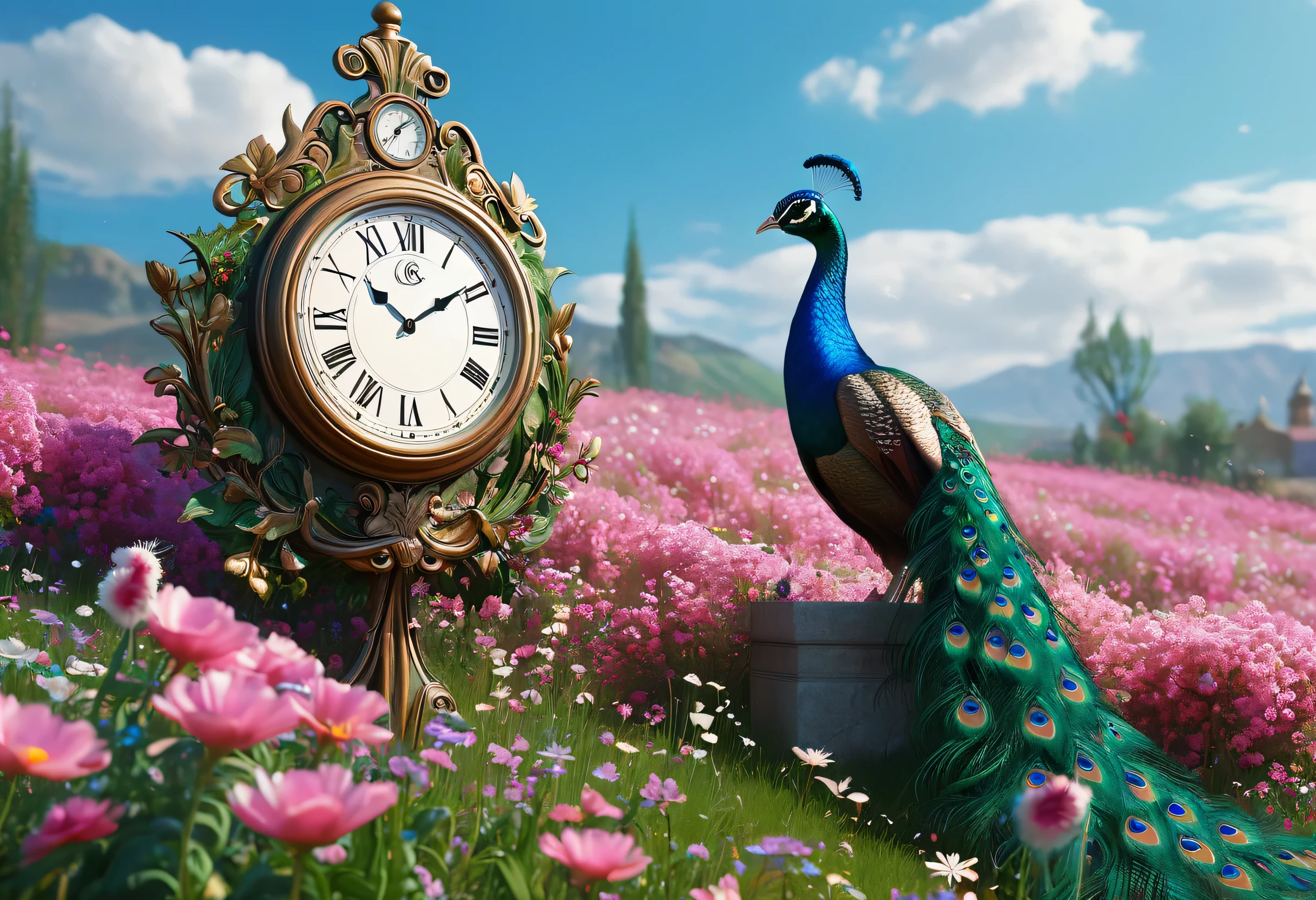 Peacock standing in a flower field with a clock hanging on the wall, Digital art by Alexander Kucharsky, cgsociety contest winner, Fantasy art, Beautiful digital art work, Highly detailed digital art in 4K, High quality detailed art in 8K , beautiful art UHD 4K, beautiful digital art, 8K highly detailed art, very beautiful digital art