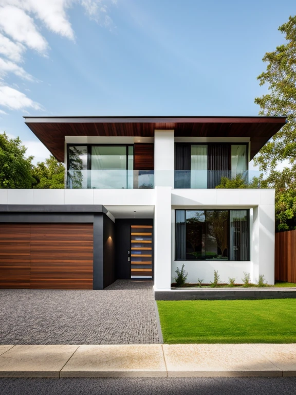 exterior house, contemporary style, white wall, wood wall, wood door, glass window, (realistic:1.2), Masterpiece, high quality, best quality, authentic, super detail, outdoors,road,pavement, grass, trees, sky, cloud, (daylight:1.1)
