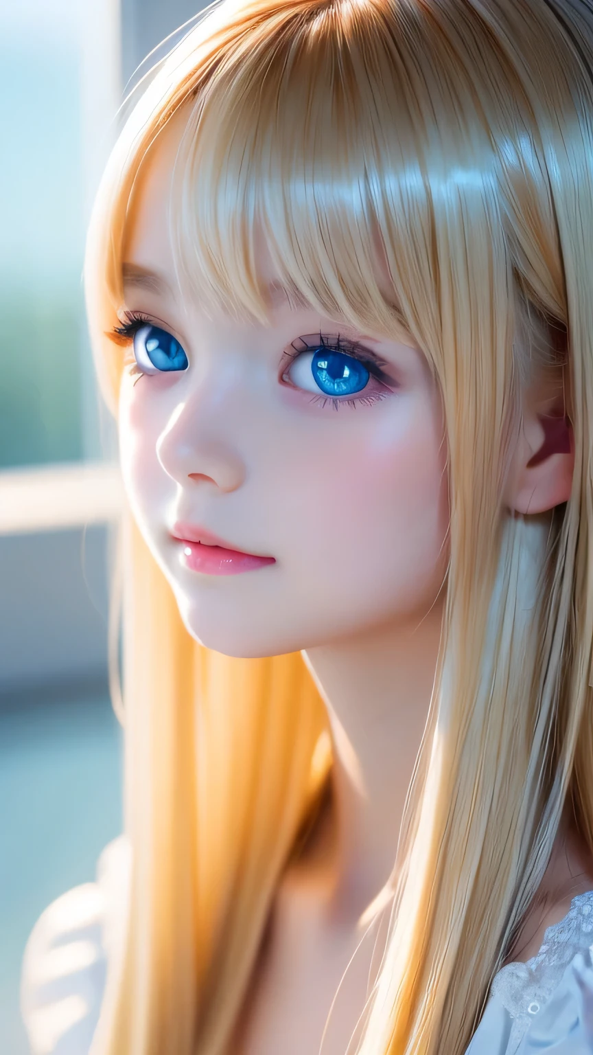 One beautiful girl、Portrait、、blue sky、bright and beautiful face、young, Very white shiny skin、The best beauty、Super long blonde hair with dazzling light reflections、Beautiful natural platinum blonde super long silky straight hair、long bangs between the eyes,、Extraordinarily beautiful 15-year-old、Large, shining, clear, light blue eyes、Very big eyes、Small Face Girl、round face、Cheek gloss highlight