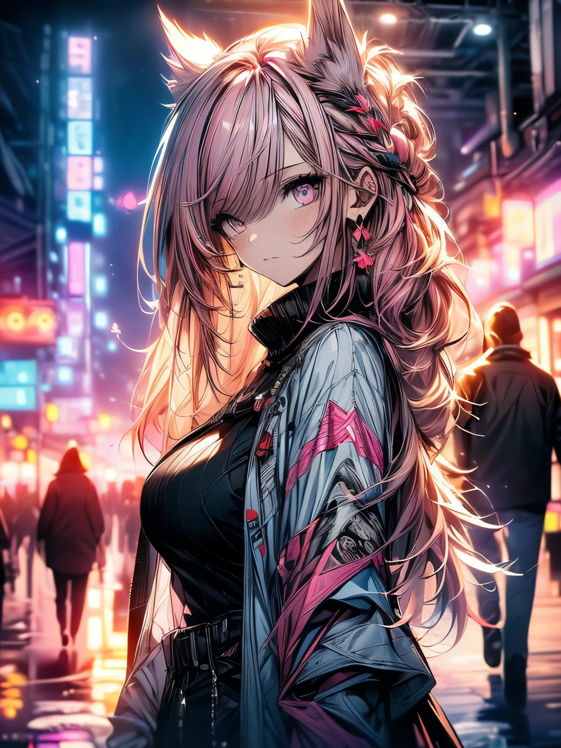 ((((masterpiece, best quality, ultra detail, very_high_resolution, large_filesize, full color)))), 1 girl, Kemo ears, Bokeh, Clothes that expose both shoulders, oversized sweater, pink hair, pink eyes, High definition, CG