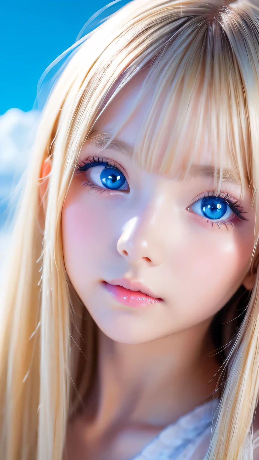 One beautiful girl、Portrait、、blue sky、bright and beautiful face、young, Very white shiny skin、The best beauty、Super long blonde hair with dazzling light reflections、Beautiful natural platinum blonde super long silky straight hair、long bangs between the eyes,、Extraordinarily beautiful 15-year-old、Large, shining, clear, light blue eyes、Very big eyes、Small Face Girl、round face、Cheek gloss highlight