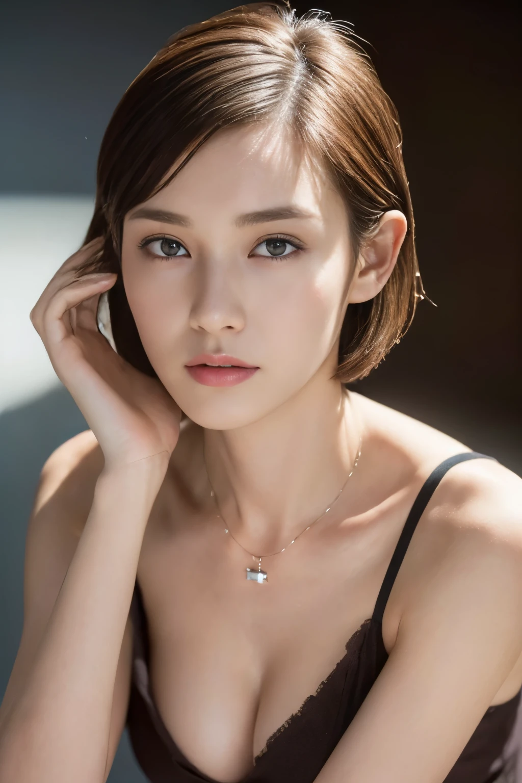 ((top-quality、8K、masterpiece: 1.erfect Body Beauty: 1.4、Slender Abs: 1.2、Beautiful woman with slender abs:1.3、(Highlight Haircutreast B Cup:1.2), medium breast, round shape breast, perfect shape breast, ( portrait photography, studio light, ), necklace, headphone, hyperdetailed face、18year old、 Pretty women、(Dark brown short-cut hair), Slim Face、Highly detailed facial and skin texture、very detailed lips、opens legs、top-quality、masterpiece、超A high resolution、(Photorealsitic:1.4), walked forward confidently, long shot , solid color background
