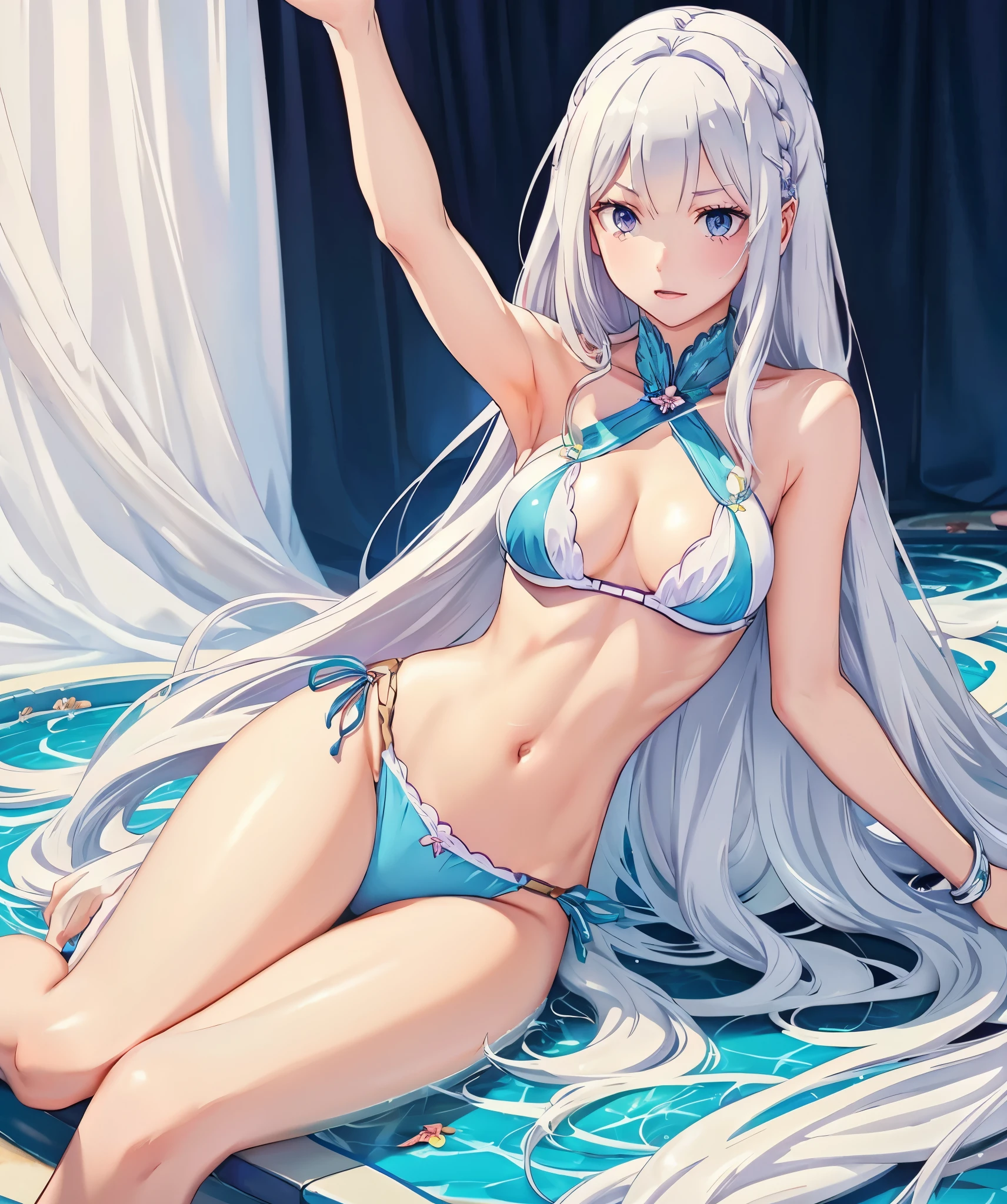 sexy, Emilia re:zero, purple eyes, Emilia, crown braid, x hair ornament, flower hair ornament, white hair, long hair, medium breasts, side tie bikini, slim legs, long hair