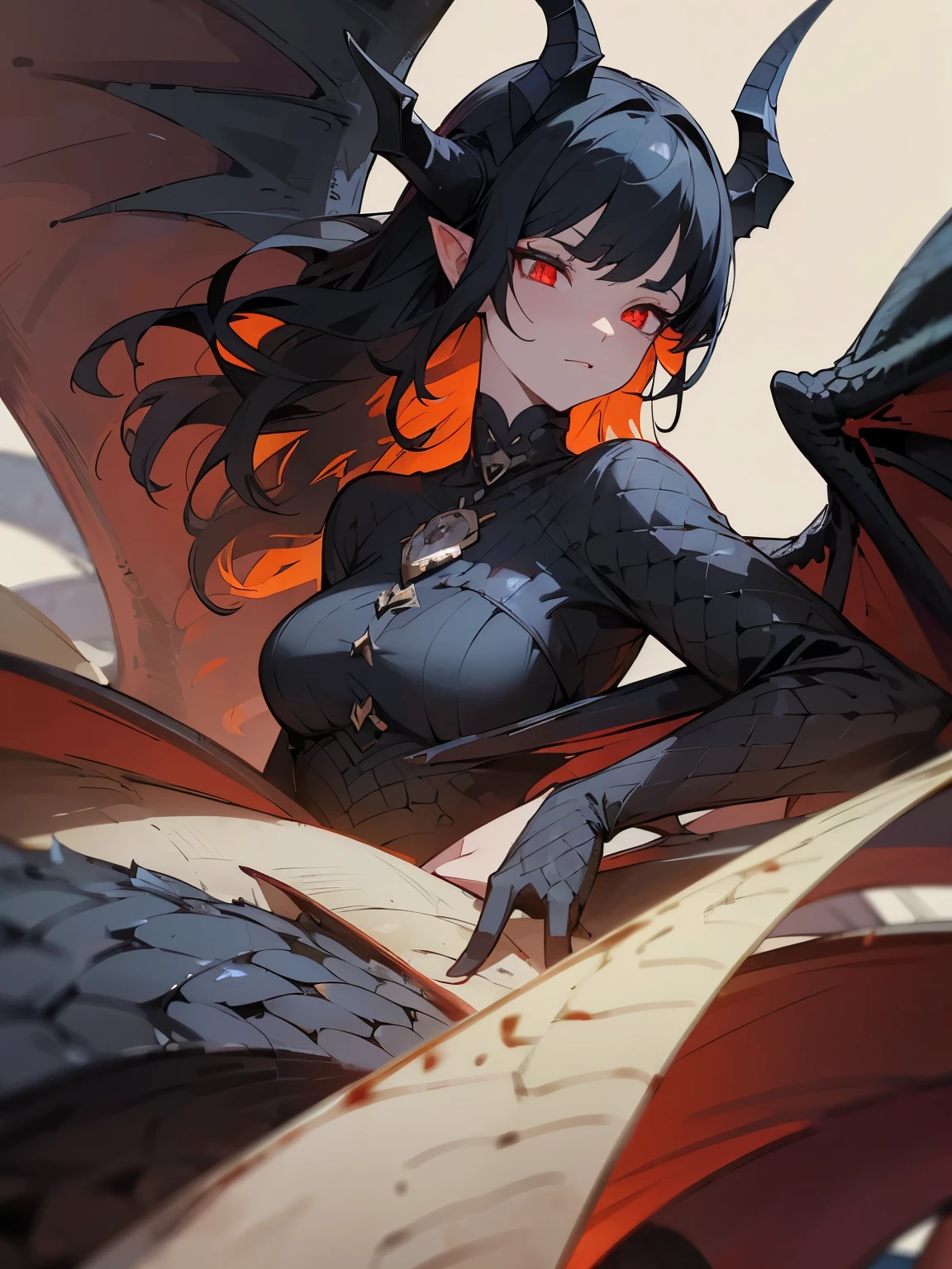 (Masterpiece, Best quality), 1lady, Solo, (Black dragon scales on the sides of neck, body curve), curled dragon horns, Dark dragon wings, Long black hair, Loose waves, Red sharp glowing eyes, Dragon tail. Background with：Dark cave, blood, skull