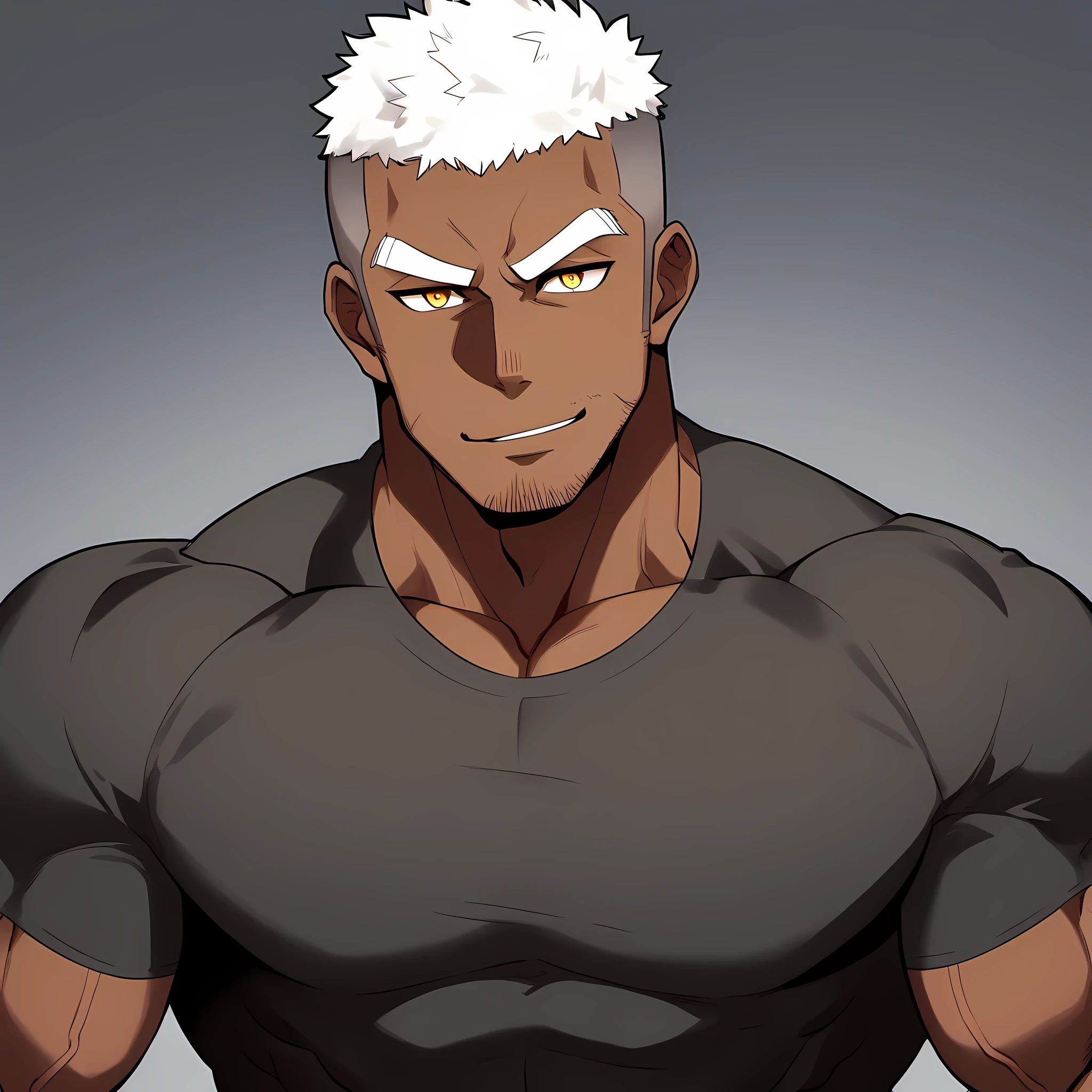 anime characters：Black man, Fitness coach, Dark black skin tone, His skin is pitch black., 1 muscular tough guy, Manliness, male focus, Cream Lycra T-shirt, Very tight, The pectoral muscles are oversized, Slightly transparent, muscular male, muscular, only, Upper body, alone, White short hair, Thick eyebrows, stubble, Yellow eyes, Grey background, simple background, amazing quality, best aesthetics, Ridiculous, bright pupils, crew cut, parted lips, seductive smile, torogao, naughty face, drop shadow, best quality