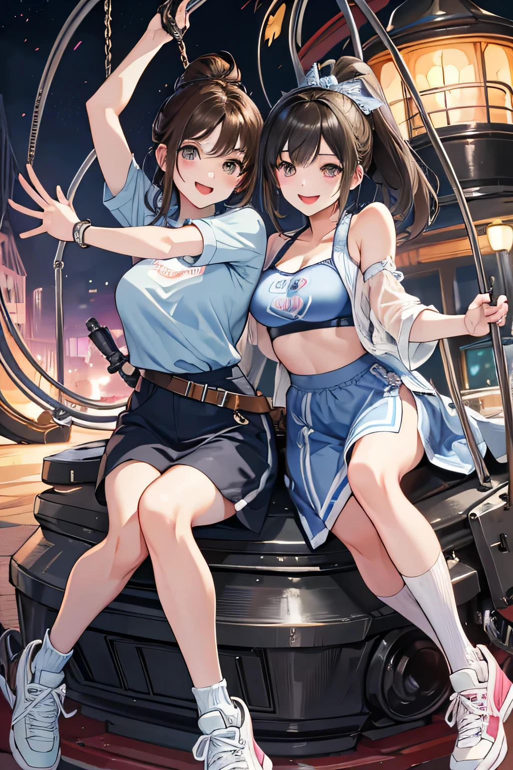 masterpiece,best quality,best resolusion,1 girl,detailed,Rapi character,wearing a black round hat with a hint of red,long light brown hair,red eye,wearing a tight black military uniform,wearing a black open jacket mixed with red,wearing a red tie,wearing a short black skirt and carrying 4 small bags,wearing brown socks connected to her skirt,big breasts,ultra high res,HDR,4K,perfect lighting,colored,smile