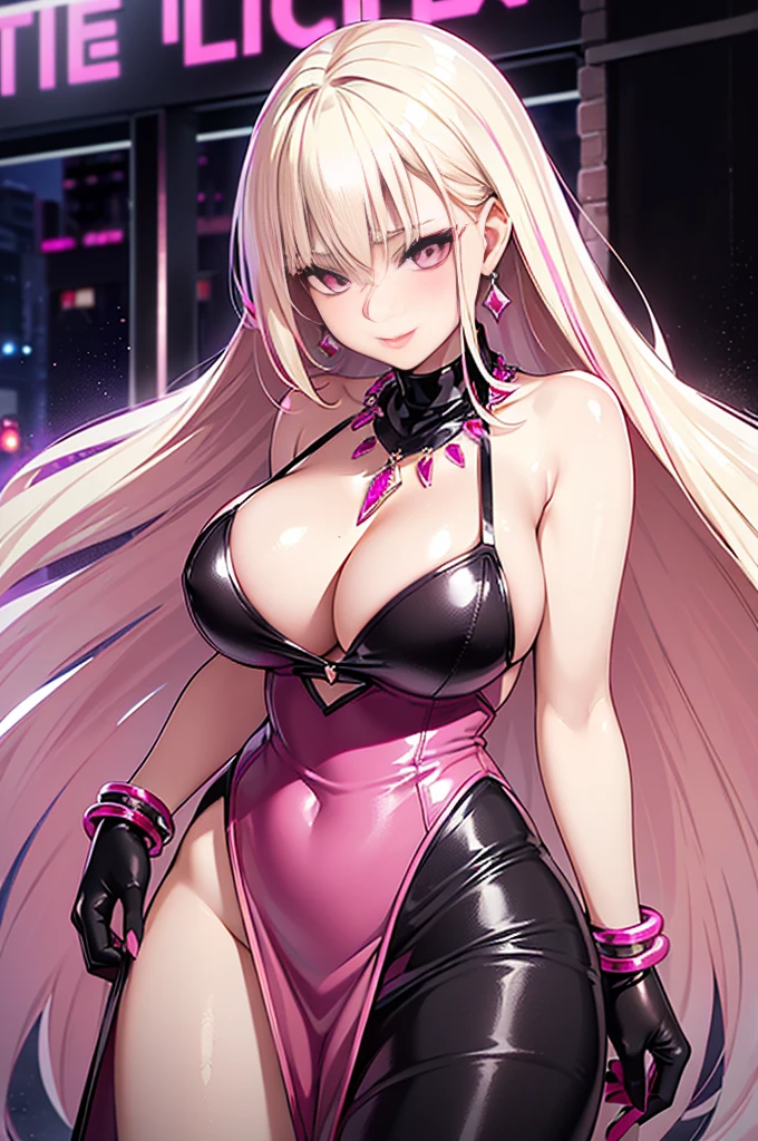 sexy russian model, beautiful smile, lipgloss, dramatic makeup, closeup photo, (sparkling large necklace), (sparkling large bracelets), night scene, large sparkling neon street background, gyaru, (((long platinum blonde hair with dark pink highlights))), ((business style dark grey and dark pink leather dress)), sweet and sexy, seductive look
