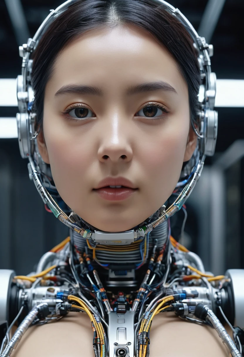 Top quality 8K ultra high definition work, masterpiece: 1.3, sharp focus: 1.2. One robot, the face is a human woman. The fuselage of the machine, countless cables, the oxygen inhalation mask, the glowing right eye, the metal tube, the spine, the heart. (natural colors, photos, 8K)、(((((sexy thighs))))) 、(((((whole body)))))