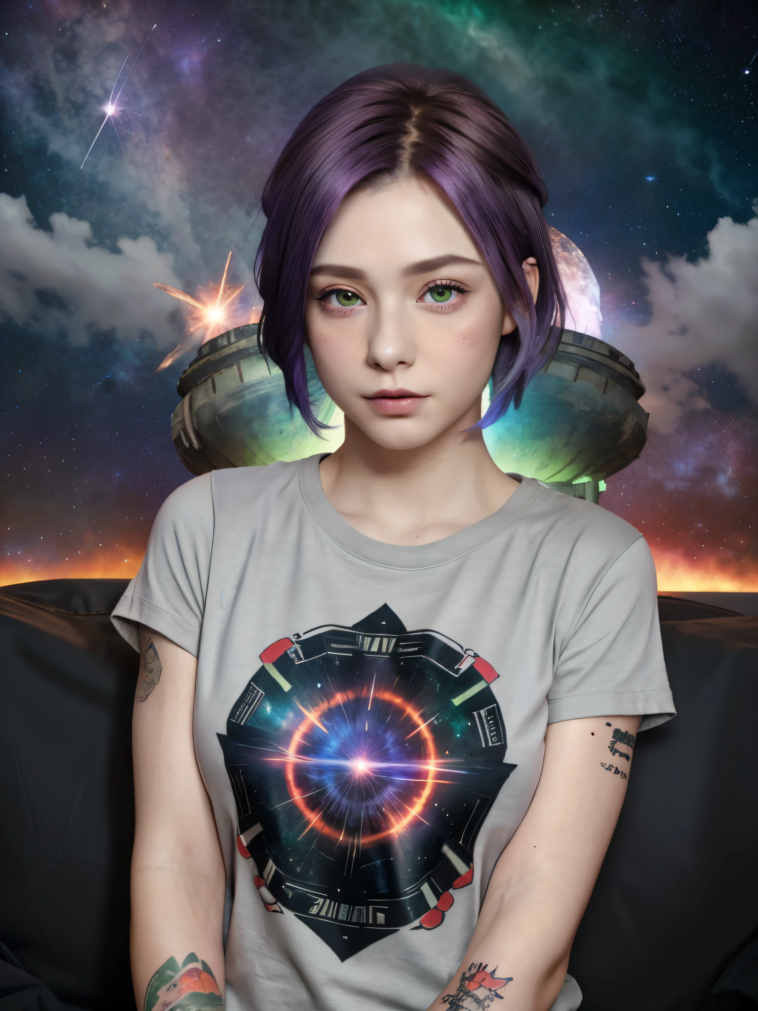 (8k), (highest quality), (Best details)Purple Hair、Green Eyes、Red bean GreyＴshirt、FULL BODY TATTOO、Tattoo、Very short hair、Beautiful French woman、supernova explosion、Space、Starburst、Millennium Falcon