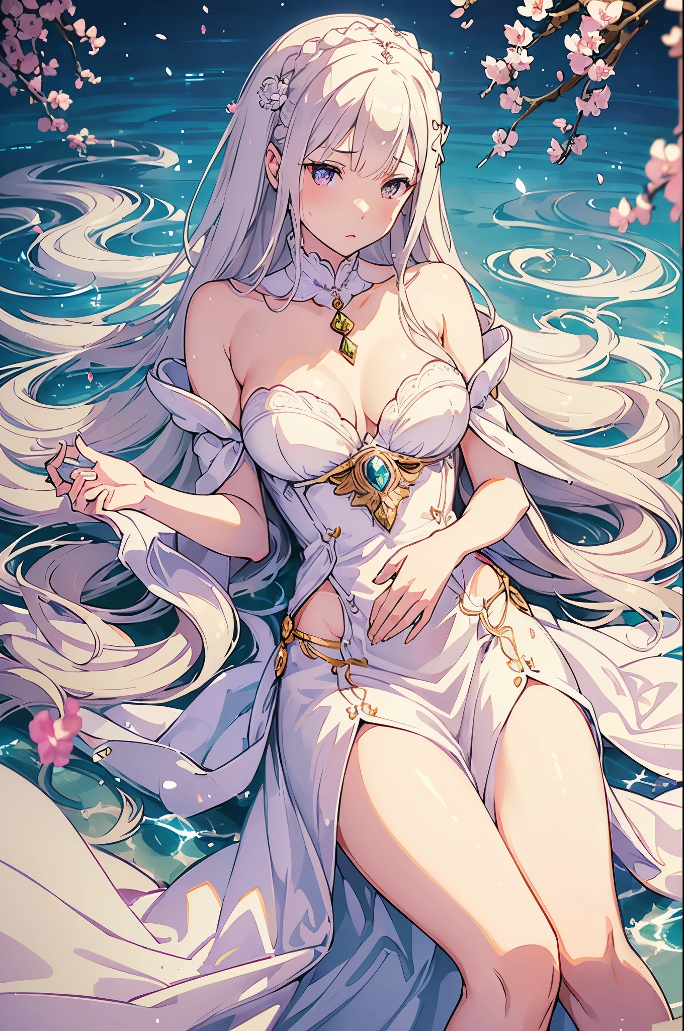 masterpiece,(bestquality), Emilia re:zero, purple eyes, Emilia, crown braid, x hair ornament, flower hair ornament, white hair, long hair, medium breasts, highlydetailed,ultra-detailed, pale, (long hair), (half-updo), princess, (crown), (sparkling tiara), (delicate curls), (flower accessories), (soft waves), (elegant), (feminine), (royal), (graceful), (ethereal), (romantic), (fairytale), (dreamy), (enchanted), (whimsical), (pastel colors), (shimmering highlights), (subtle volume), (subdued elegance), (sublime beauty), (serene), (regal), (timeless), (effortless), (sophisticated), (charming), (captivating), (radiant), (pristine), (flawless), (ethereal glow), (gentle), (subtle), (sublime), (subdued), (serene), (delicate), (elegant), (graceful), (feminine), (regal), (timeless), (effortless), (sophisticated), (charming), (captivating), (radiant), (pristine), (flawless), (ethereal glow), (gentle), (subtle), (sublime), (subdued), (serene), (delicate), (elegant), (graceful), (feminine), (regal), (timeless), (effortless), (sophisticated), (charming), (captivating), (radiant), (pristine), (flawless), (ethereal glow),