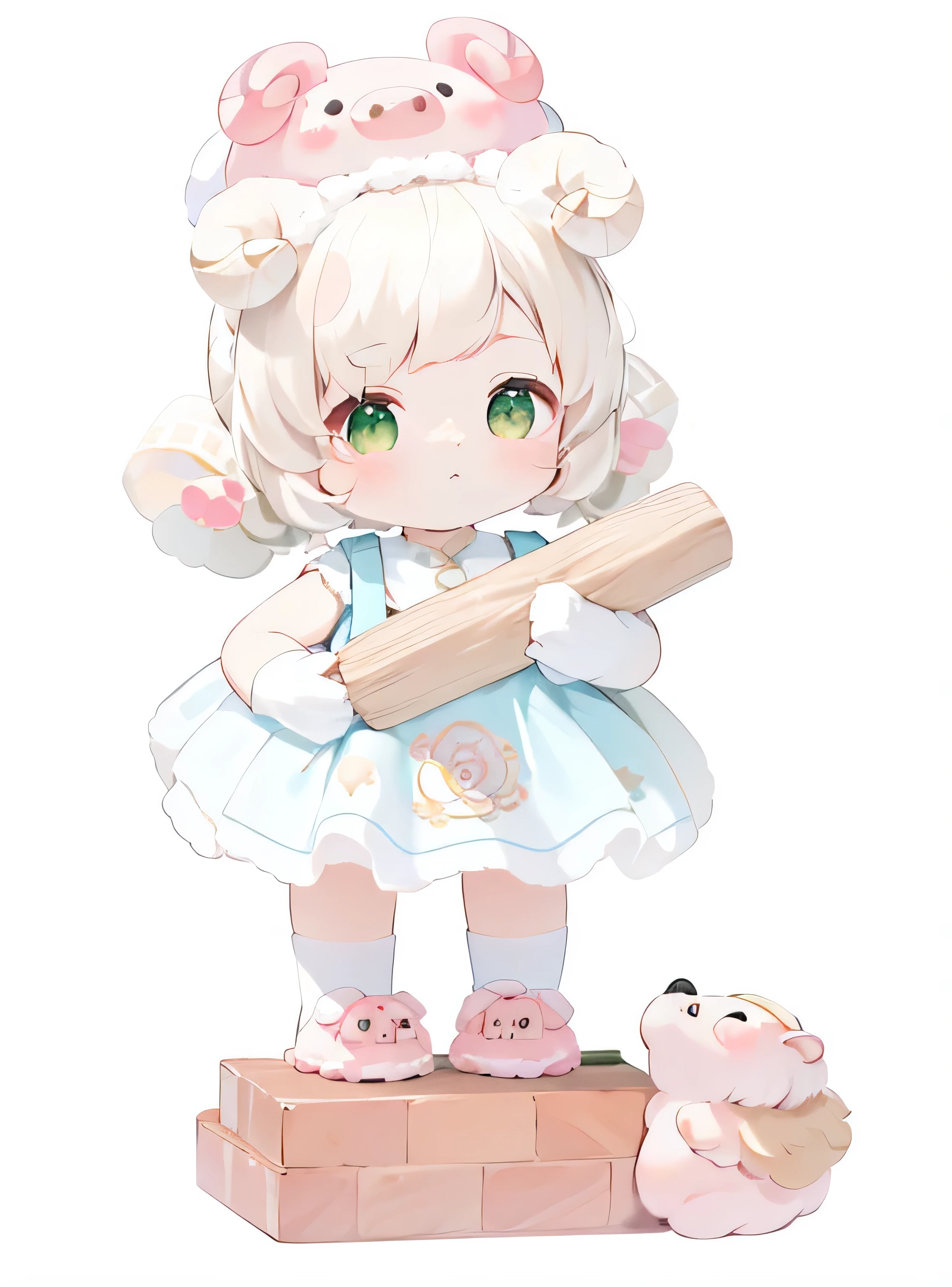 Sheep horns ,lolita cute character, ,,La Rafael, Sheep horns little loli girl, 2d,two-dimensional,,celluloid,HD,8K,,,Correct structure ,Q version is very cute,,Suspender dress,Pig Hat,,,green eyes,Holding a wooden stick