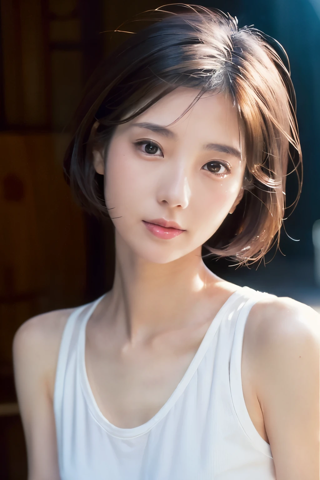 Japanese, short stature woman,  physique, short arm, long slit eyes, fleeting atmosphere, 30 year old, brown bob hair, ((thin lips)), white top and bottom underwear, musterpiece, best quality, detailed skin, detailed face, detailed eyes, 8K, good anatomy, upper body portrait