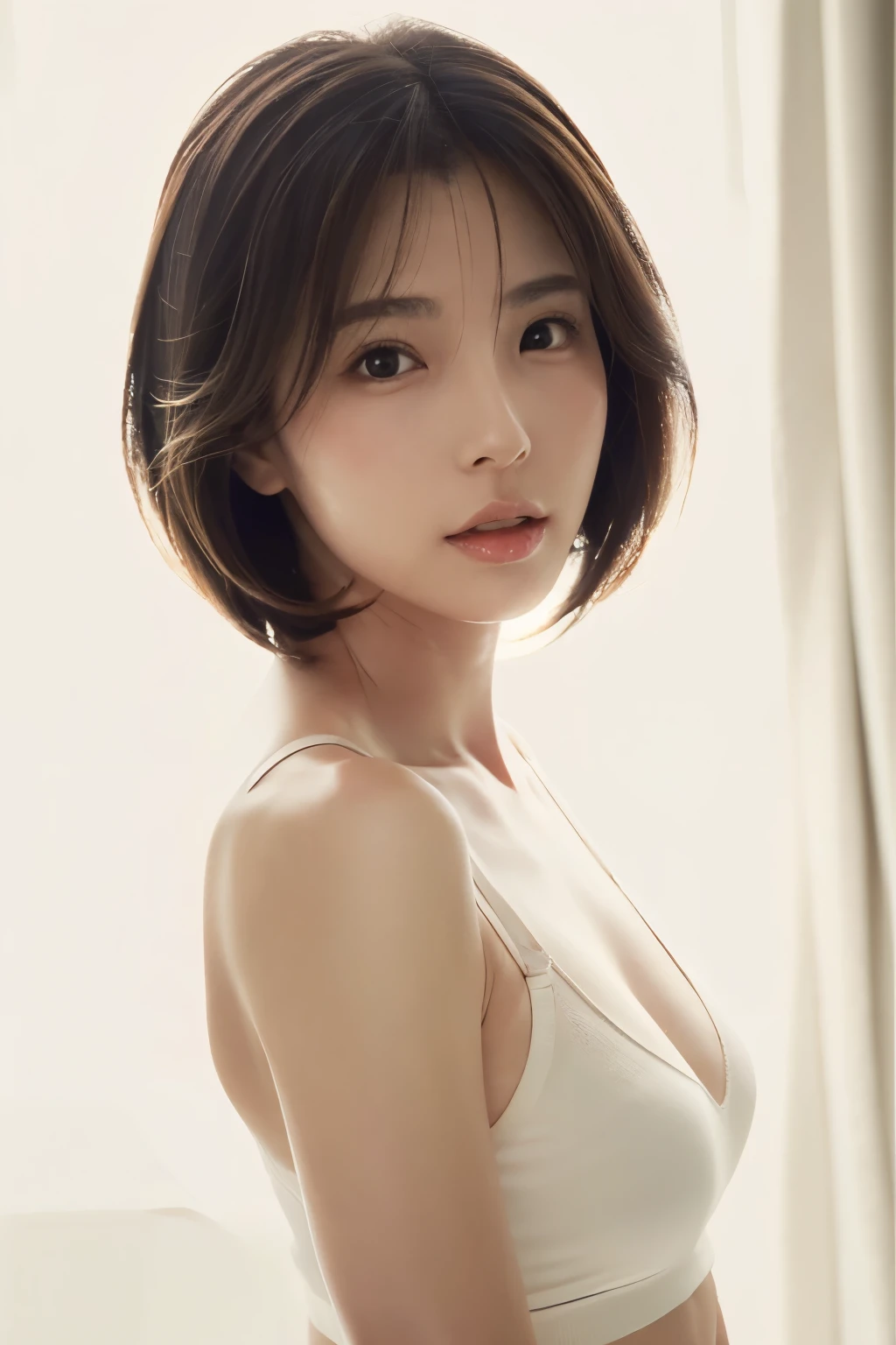 Japanese, short stature woman,  physique, short arm, long slit eyes, fleeting atmosphere, 30 year old, brown bob hair, ((thin lips)), white top and bottom underwear, musterpiece, best quality, detailed skin, detailed face, detailed eyes, 8K, good anatomy, upper body portrait