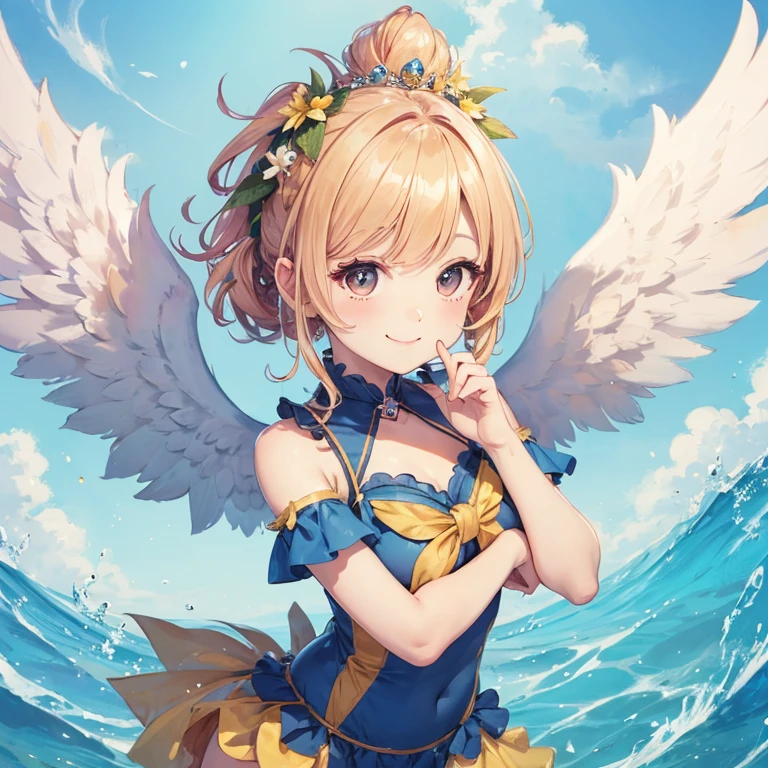 Chibi Character，beautiful girl　adorable smile　have angel wings，looking at the camera，Pineapple hair，Girl in cute costume，Cute pose，masterpiece，highest quality，large in the center