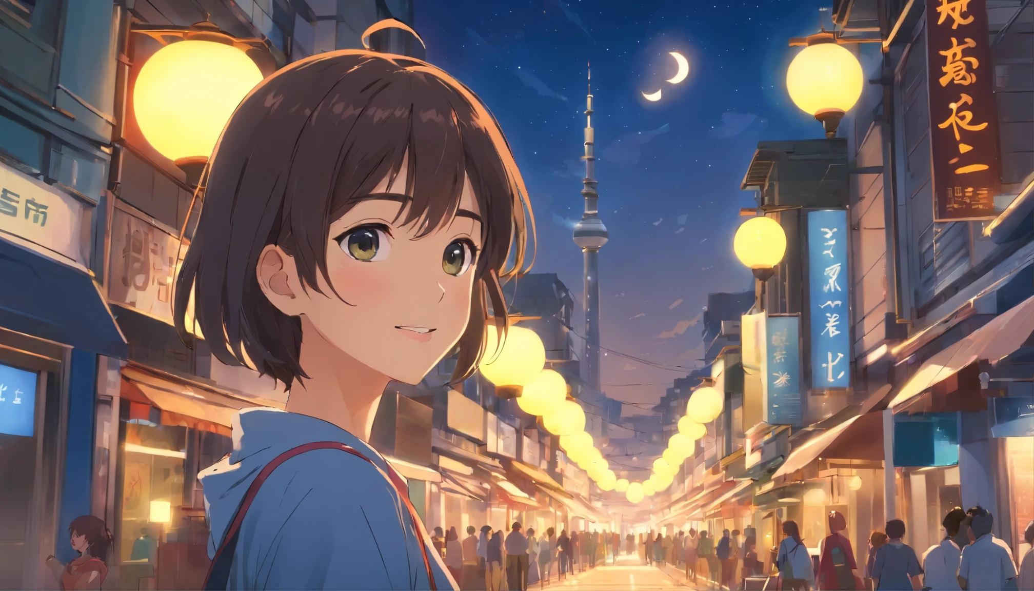 (Half Body Shot,Street lamp,moon),masterpiece, 1 Girl, Solo exhibition, Beautiful woman on a busy street, surrounded by peddlers, beautiful goddess girl portrait, Beautiful and dense face, Porcelain Skin, (((Bust Shot, center, night, Black Hair, short hair)), Very soft lighting, Symmetric, complicated, grace, High Detail, realism, art, concept art,smile